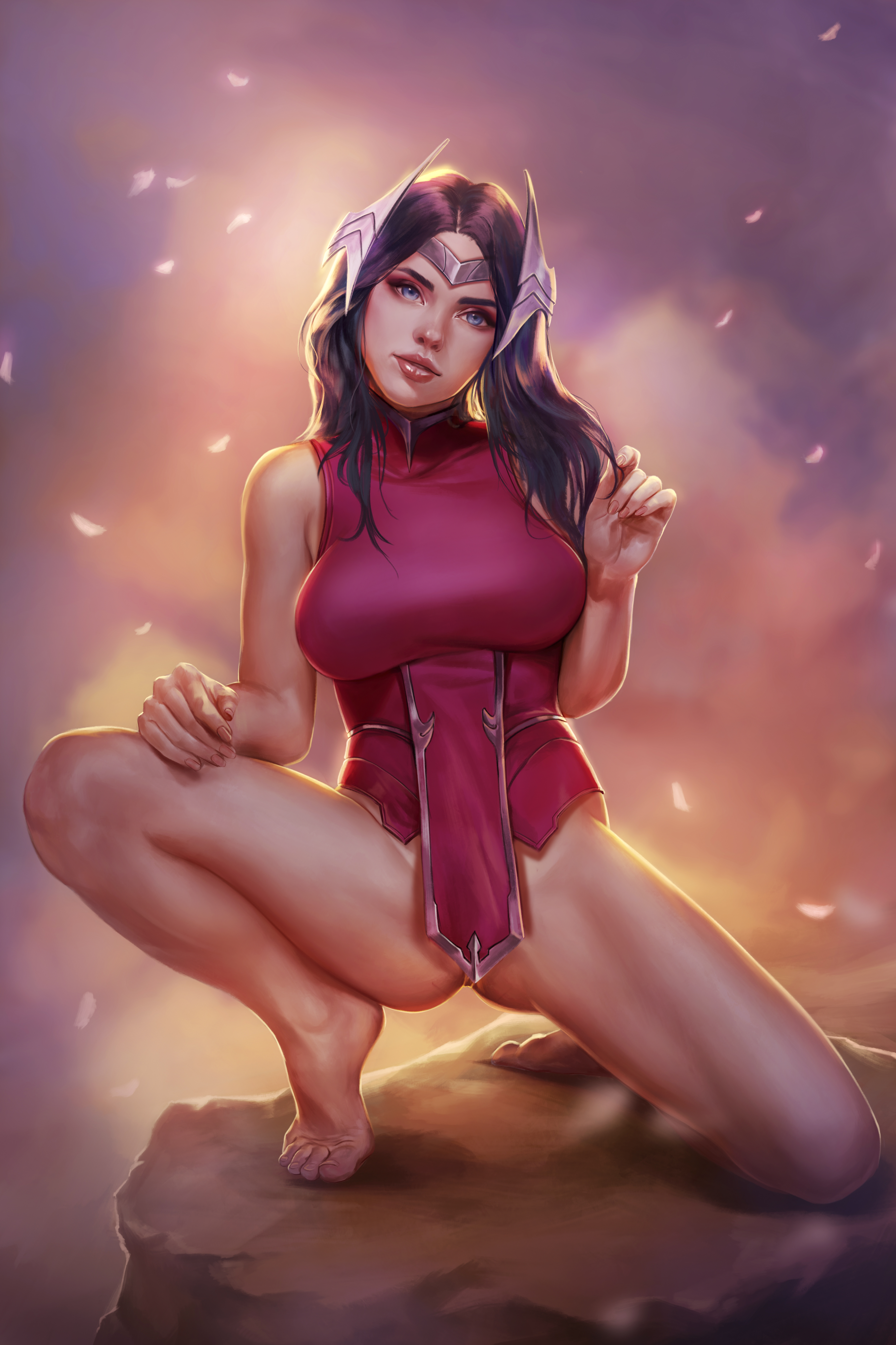 black hair, blue eyes, clothing, crown, female, firolian, irelia xan, league of legends, legs apart, long hair, open legs, pink clothing, pussy, pussy peek, spread legs, tagme