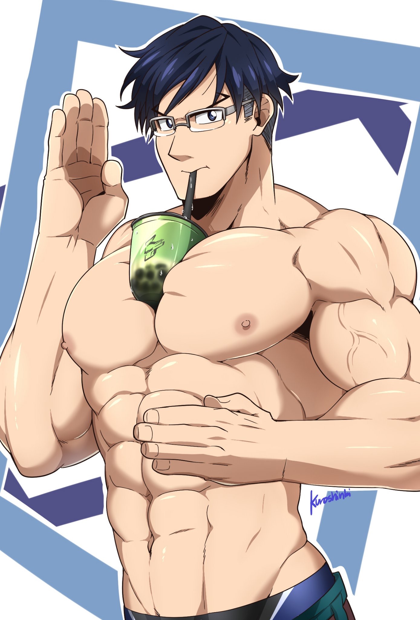 abs, bara, between breasts, biceps, big breasts, big muscles, blue eyes, blue hair, breasts, bubble tea challenge, drinking, kuroshinki, looking at viewer, male, male focus, male only, muscles, my hero academia, nipples, pecs, tenya iida, undercut, underwear, veiny muscles, yaoi