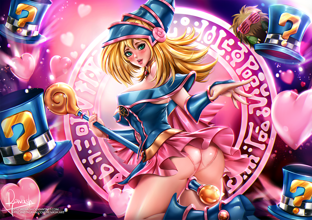 1girls ass big_ass blonde_hair blush boots breasts cleavage clothed dark_magician_girl deviantart dress gloves green_eyes hat heart kneeling large_breasts lipstick long_hair panties pink_panties reivash rubbing sideboob text thick_thighs url watermark wide_hips yu-gi-oh! yu-gi-oh!_duel_monsters