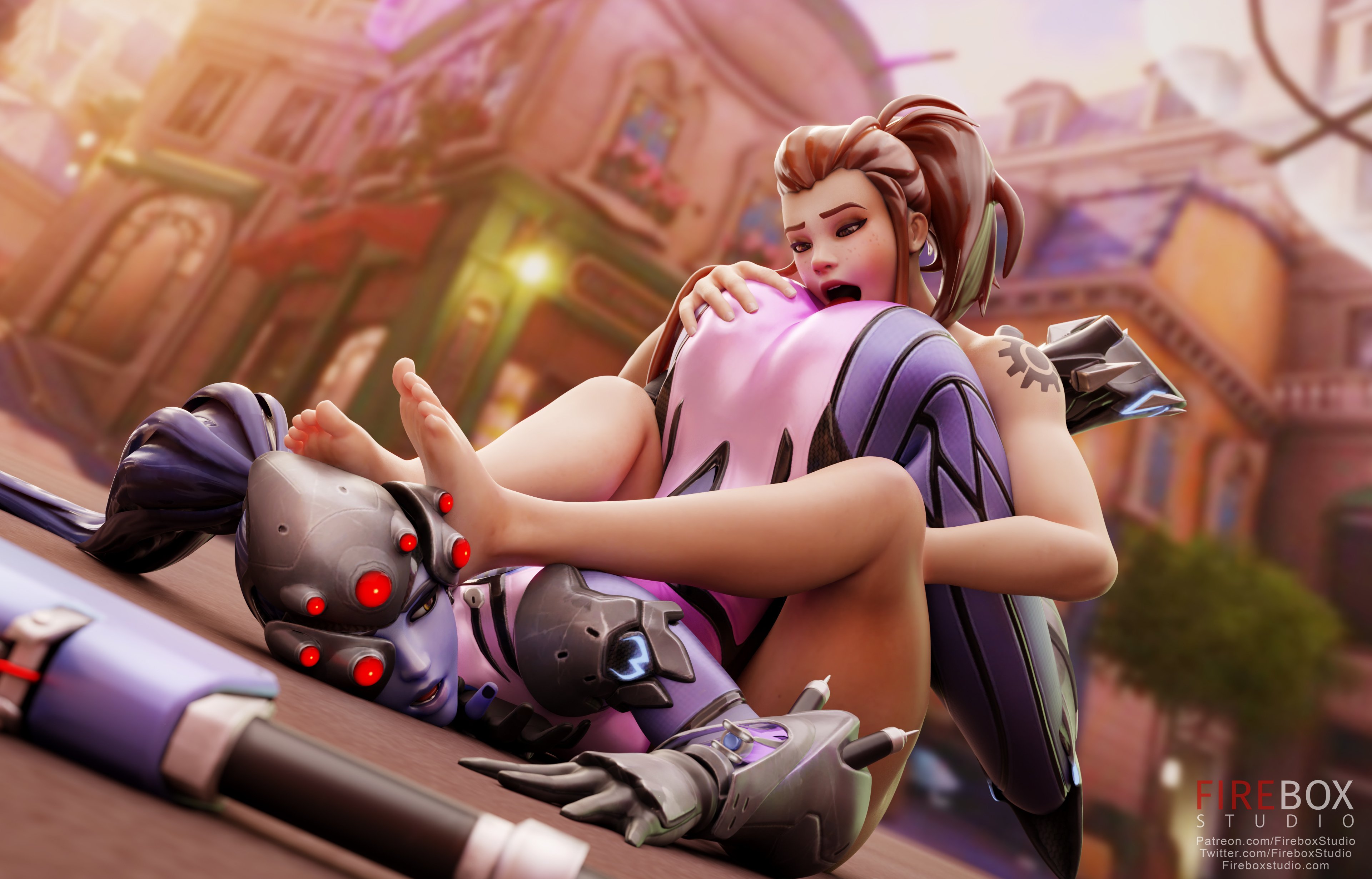 2girls, 3d, absurdres, alternate costume, amelie lacroix, anilingus, ass, ass grab, ass worship, barefoot, bed, brigitte, brigitte lindholm, cote d'azur widowmaker, cunnilingus, eating ass, eyes closed, face down ass up, feet, female, female only, fireboxstudio, gun, highres, horny, licking, licking pussy, nude, open mouth, oral, overwatch, ph5ntomst33l, pose, rimjob, rimming, sniper, sniper rifle, tattoo, toes, tongue, tongue out, top-down bottom-up, weapon, widowmaker, yuri
