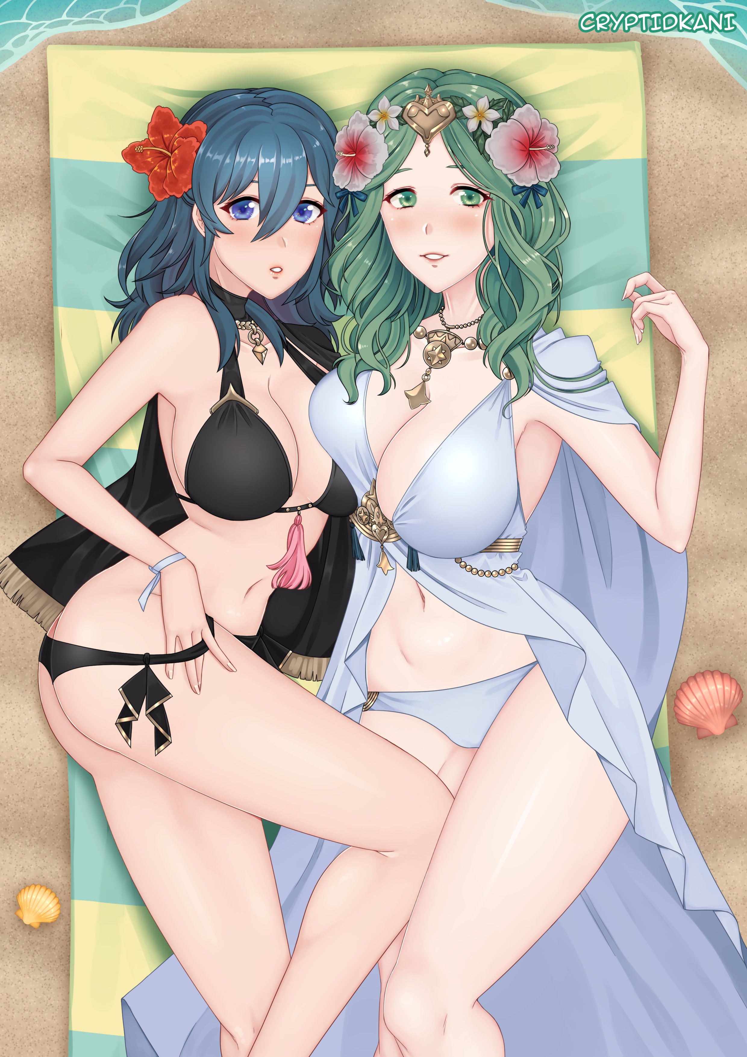 2girls, ass, ass cleavage, ass crack, beach, beach towel, bikini, black bikini, black swimsuit, blue eyes, breasts, butt crack, byleth (fire emblem), byleth (fire emblem) (female), byleth (summer) (fire emblem) (female), cryptid crab, dress, female, female only, fire emblem, fire emblem heroes, fire emblem: three houses, flower, green eyes, green hair, large breasts, legs, long hair, multiple females, multiple girls, nabatean (fire emblem), ninja, ocean, rhea (fire emblem), rhea (summer) (fire emblem), rhealeth, swimsuit, swimwear, teal hair, undressing, white swimsuit