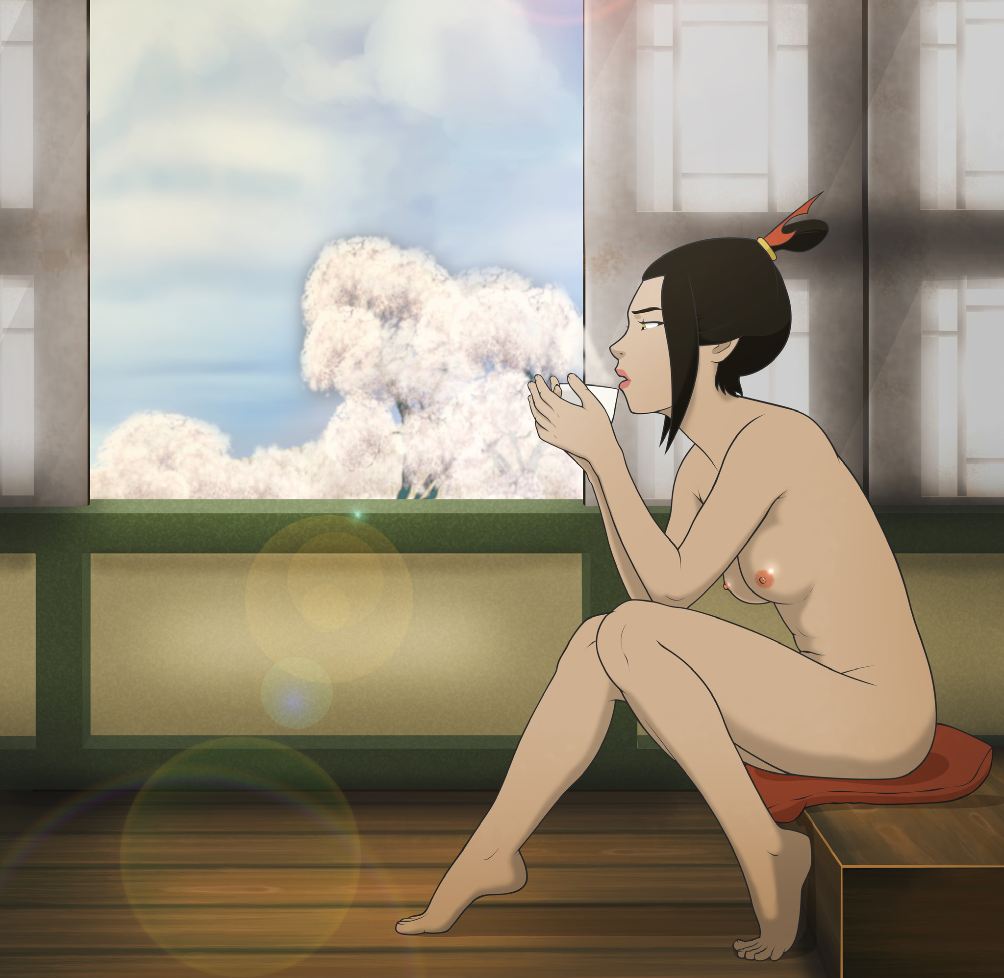 1girls, anaxus, avatar the last airbender, azula, barefoot, breasts, brown hair, cup, drinking, female, fire nation, looking away, naked, nickelodeon, nipples, room, short hair, side view, sideboob, sitting, small breasts, solo, tagme, tree