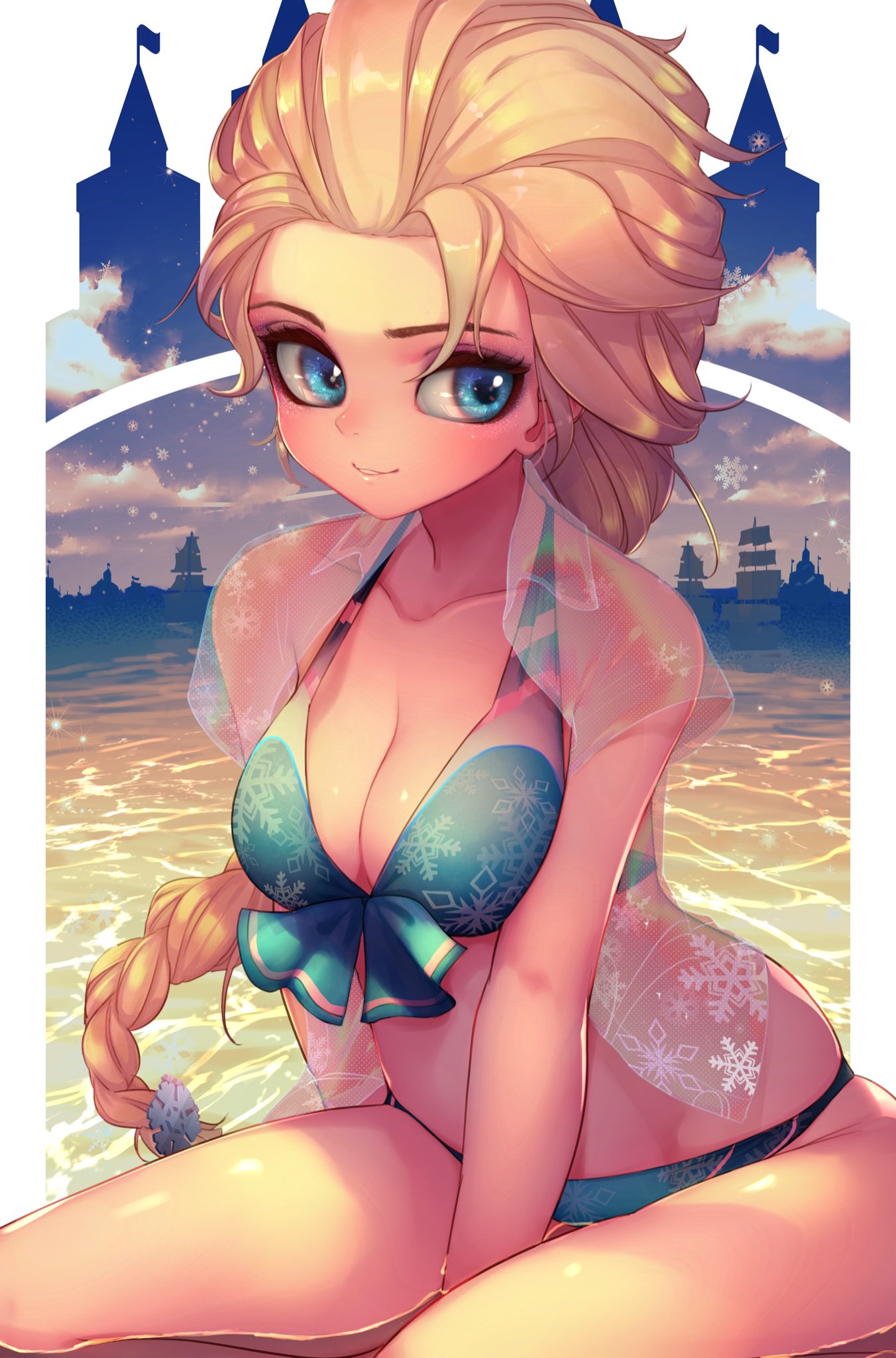 1girls, big breasts, bikini, blonde hair, blue eyes, breasts, cleavage, disney, elsa (frozen), female, female only, frozen (film), hizake, kashu (hizake), large breasts, legs, ribbon, see-through shirt, solo, solo female, swimsuit, thighs, wide eyed