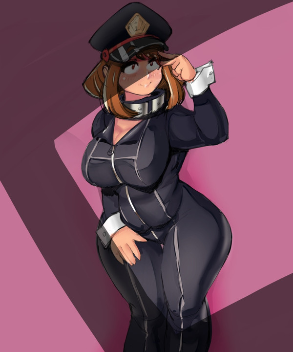 1girls bimbo bob_cut bodysuit brunette camie_utsushimi_(cosplay) cleavage hat hero_outfit_(mha) keigi_(artist) my_hero_academia ochako_uraraka peaked_cap pregnant shiketsu_high_school_cap uniform uraraka_ochako utsushimi_camie_(cosplay) wide_hips wrist_cuffs zipper