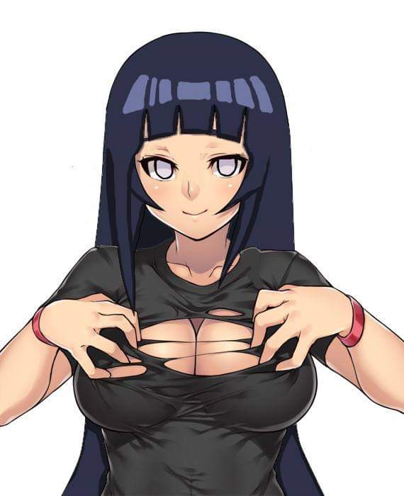 1girls, artist request, big breasts, black hair, blind, blush, bracelet, breasts, cleavage, cleavage cutout, clothed, eye contact, female, hyuuga hinata, long hair, looking at viewer, naruto, naruto (series), naruto shippuden, ripped clothing, shirt, shounen jump, smile, solo, source request, torn clothes, white background