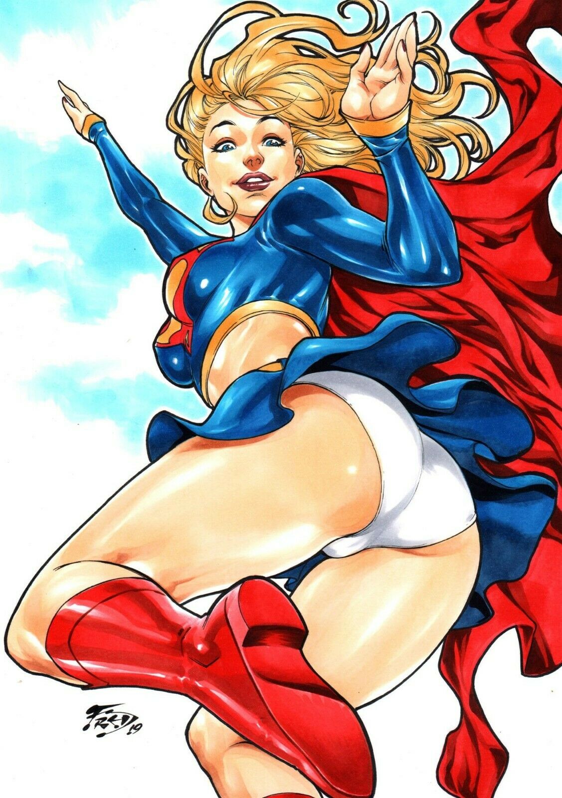 1girls 2019 5_fingers alien alien_girl argoan arm_up ass blonde_hair blue_eyes blue_miniskirt blue_shirt blue_skirt boots breasts cape costume crop_top dat_ass dated dc dc_comics ed_benes_studio erect_nipples erect_nipples_under_clothes eyeshadow female female_only flying footwear fred_benes from_below humanoid humanoid_hands impossible_clothes kara_zor-el kryptonian lipstick long_hair makeup mascara medium_breasts midriff miniskirt nipple_bulge nipples panties pinup red_boots red_cape red_lips red_lipstick shirt shoes signature skirt solo supergirl superheroine superman_(series) thick_thighs thighs underwear upskirt waving white_panties white_underwear wide_hips