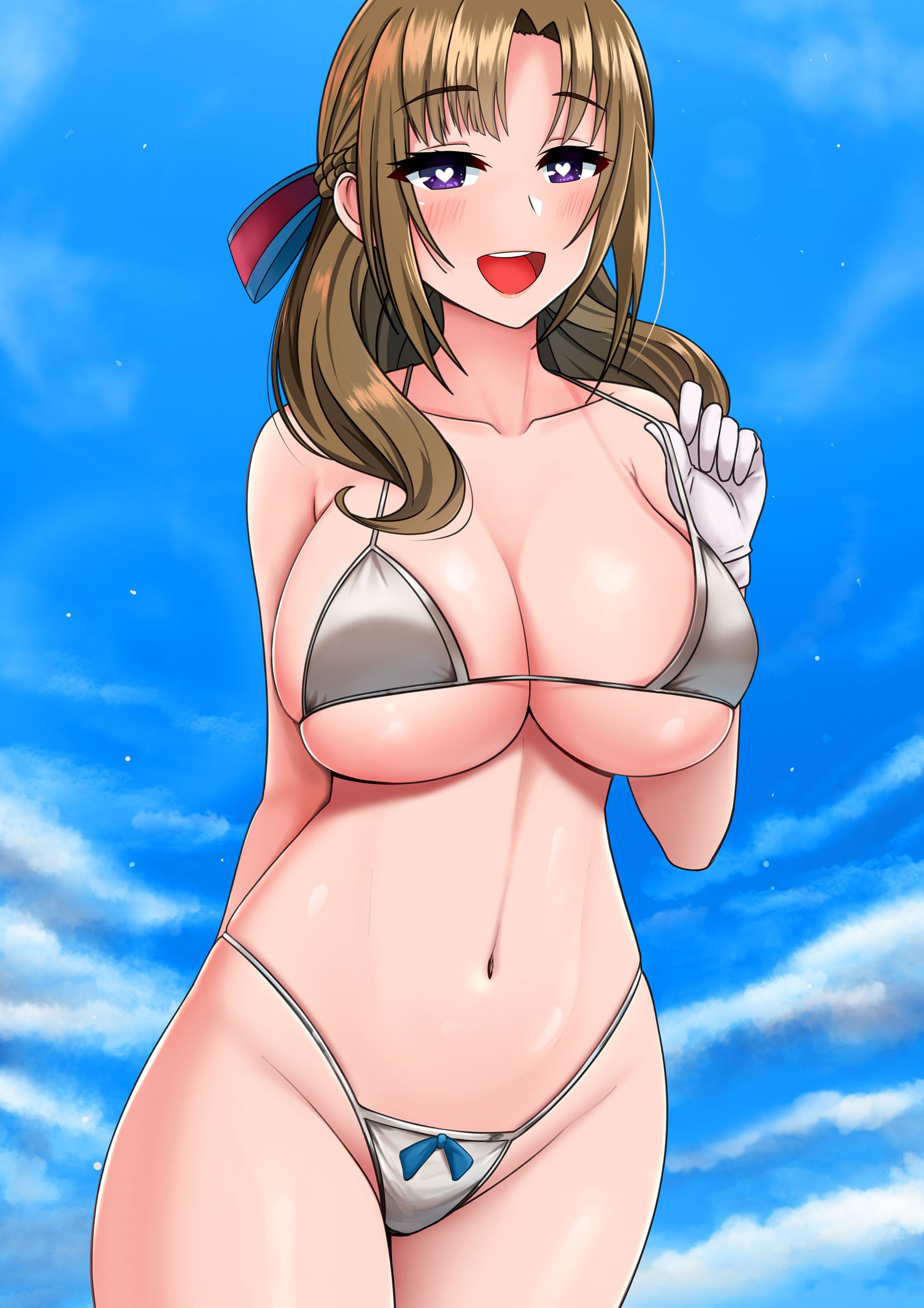 1girls, adjusting bikini, adjusting clothes, adjusting swimsuit, aroused, bangs, bedroom eyes, bikini, blue sky, blush, blushing, braid, breasts, brown hair, busty, cleavage, clothing, clouds, collarbone, curvy, eyebrows visible through hair, female, female only, fully clothed, gloves, grey bikini, grey swimsuit, hair ribbon, half-closed eyes, heart-shaped pupils, highleg, highleg bikini, highleg swimsuit, highres, huge breasts, large breasts, looking at viewer, mature female, medium hair, milf, navel, oosuki mamako, open mouth, png version available, purple eyes, ribbon, seductive, seductive smile, sexually suggestive, shiny hair, shiny skin, silver bikini, silver swimsuit, sky, sky background, smile, smiling, solo, standing, string bikini, swimsuit, teeth, the only shoe, thick thighs, tongue, tsuujou kougeki ga zentai kougeki de ni-kai kougeki no okaasan wa suki desu ka?, voluptuous, white gloves, white pupils, wide hips