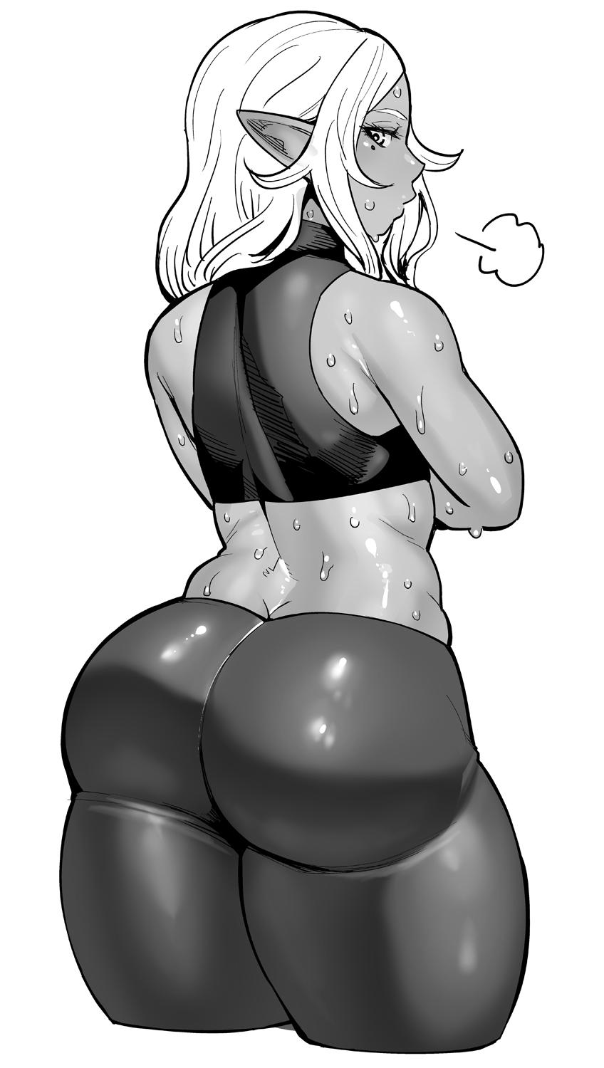 1girls ass ass_cleavage breasts butt_crack curvy dark-skinned_female dark_elf dark_skin elf elf-san_wa_yaserarenai female huge_ass humanoid kuroeda leggings long_hair looking_back mole mole_under_eye monochrome plump pointy_ears sketch skin_tight solo sweat synecdoche thick_thighs wet white_hair wide_hips