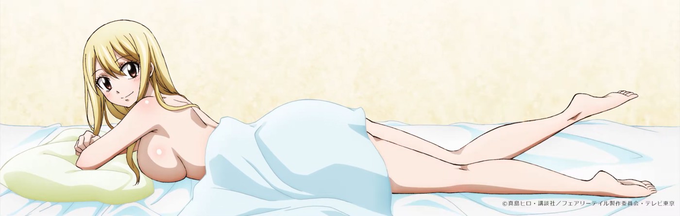 1girls, accurate art style, ass, blonde hair, blonde-haired female, blush, breasts, brown eyes, fairy tail, female, large breasts, long hair, looking at viewer, lucy heartfilia, naked, nude, official art, on bed, on stomach, smile