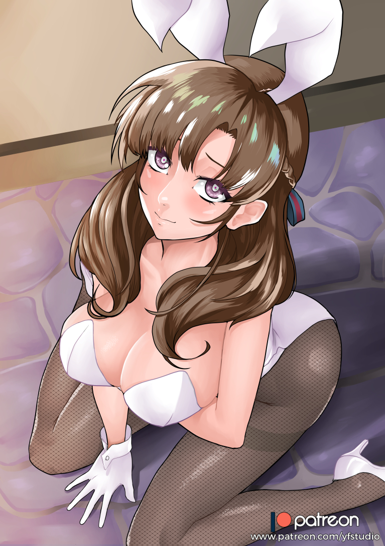 1girls ass breasts brown_hair bunnysuit clothed female female_only large_breasts long_hair looking_at_viewer oosuki_mamako pantyhose patreon purple_eyes sitting solo text tsuujou_kougeki_ga_zentai_kougeki_de_ni-kai_kougeki_no_okaasan_wa_suki_desu_ka? url wariza watermark yf_studio