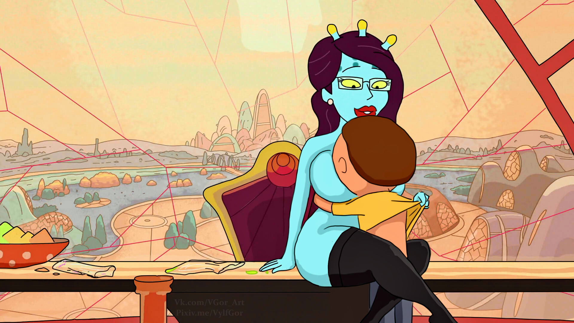 1boy, 1girls, accurate art style, adult swim, big breasts, black legwear, blue skin, breasts, female, glasses, human, leg lock, legwear, male, morty smith, pussy, rick and morty, unity (rick and morty), unseen male face, vaginal, vaginal insertion, vaginal penetration, vaginal sex, vylfgor, white skin