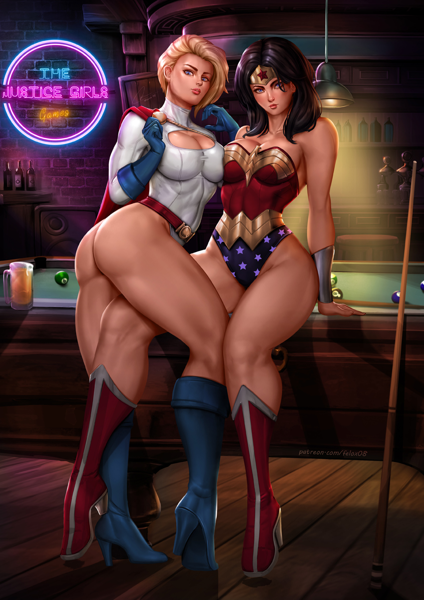 2girls ass billiards breasts cleavage dc_comics diana_prince felox08 female looking_at_viewer looking_back pinup pool_table power_girl seductive sitting standing superman_(series) thick_thighs thighhighs wonder_woman wonder_woman_(series)