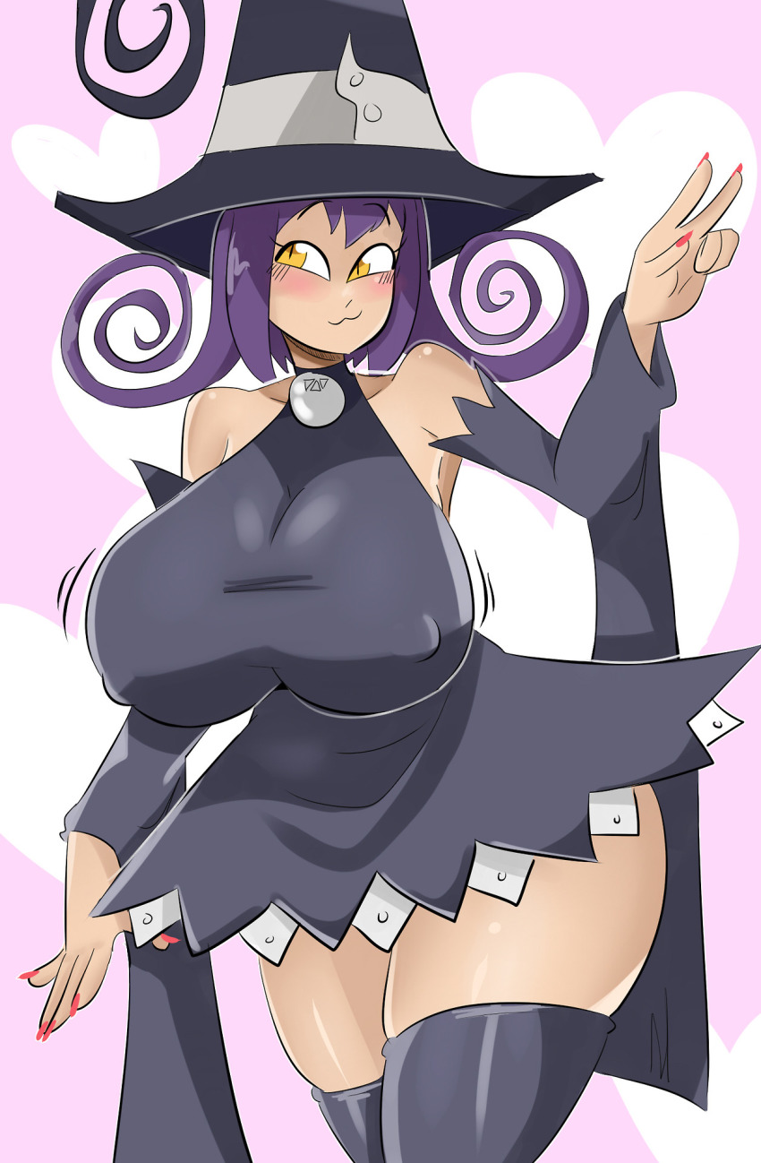 :3, 1girls, big breasts, blair (soul eater), breasts, breasts bigger than head, cat girl, catgirl, erect nipples, female, hat, huge breasts, jinu, nipple bulge, nipples visible through clothing, purple hair, smile, solo, soul eater, thick thighs, thighhighs, witch hat, yellow eyes