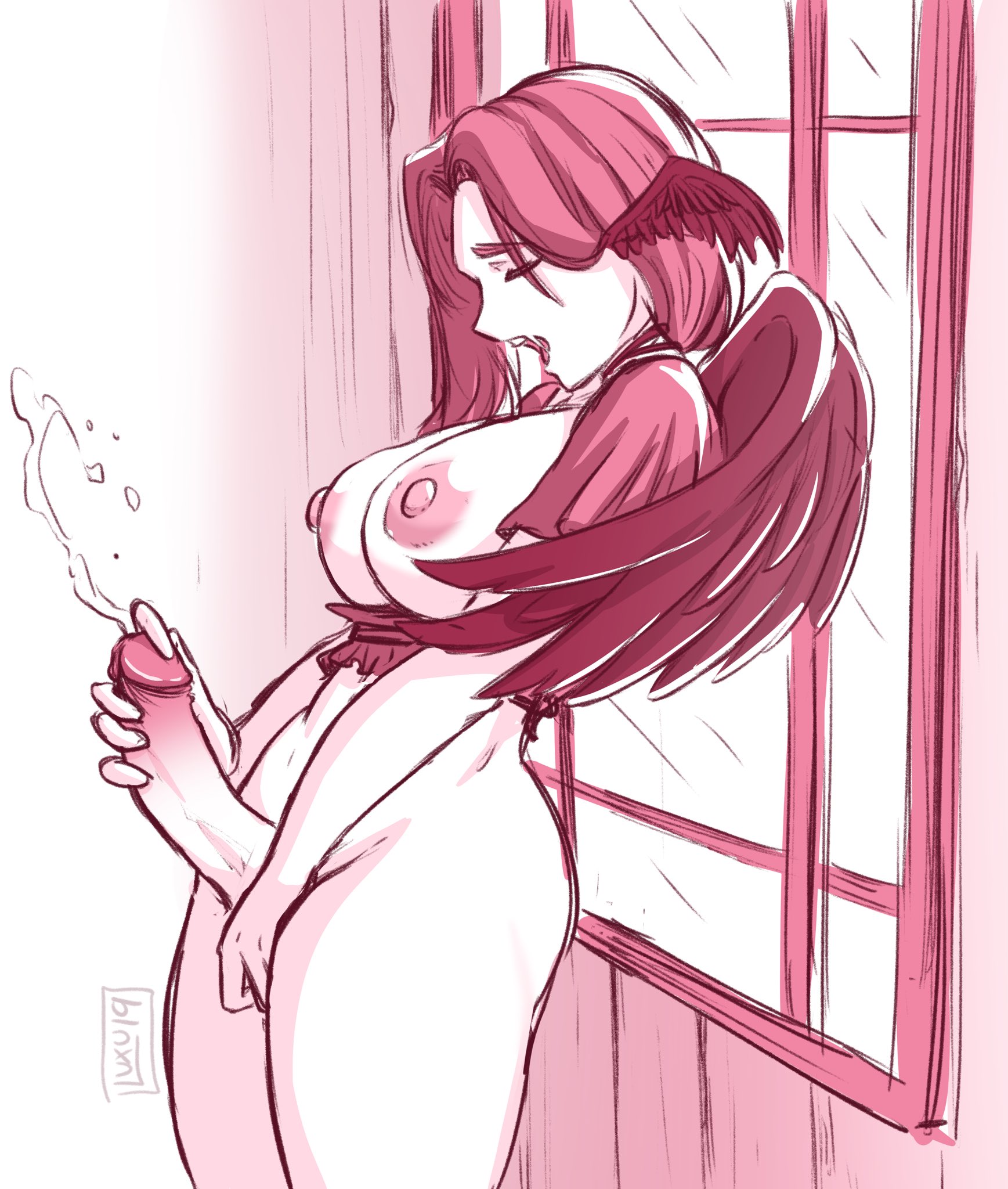 1futa, areolae, big breasts, breasts, cum, cumshot, dickgirl, erection, futa only, futanari, head wings, intersex, large breasts, luxurias, masturbation, nipples, penis, solo