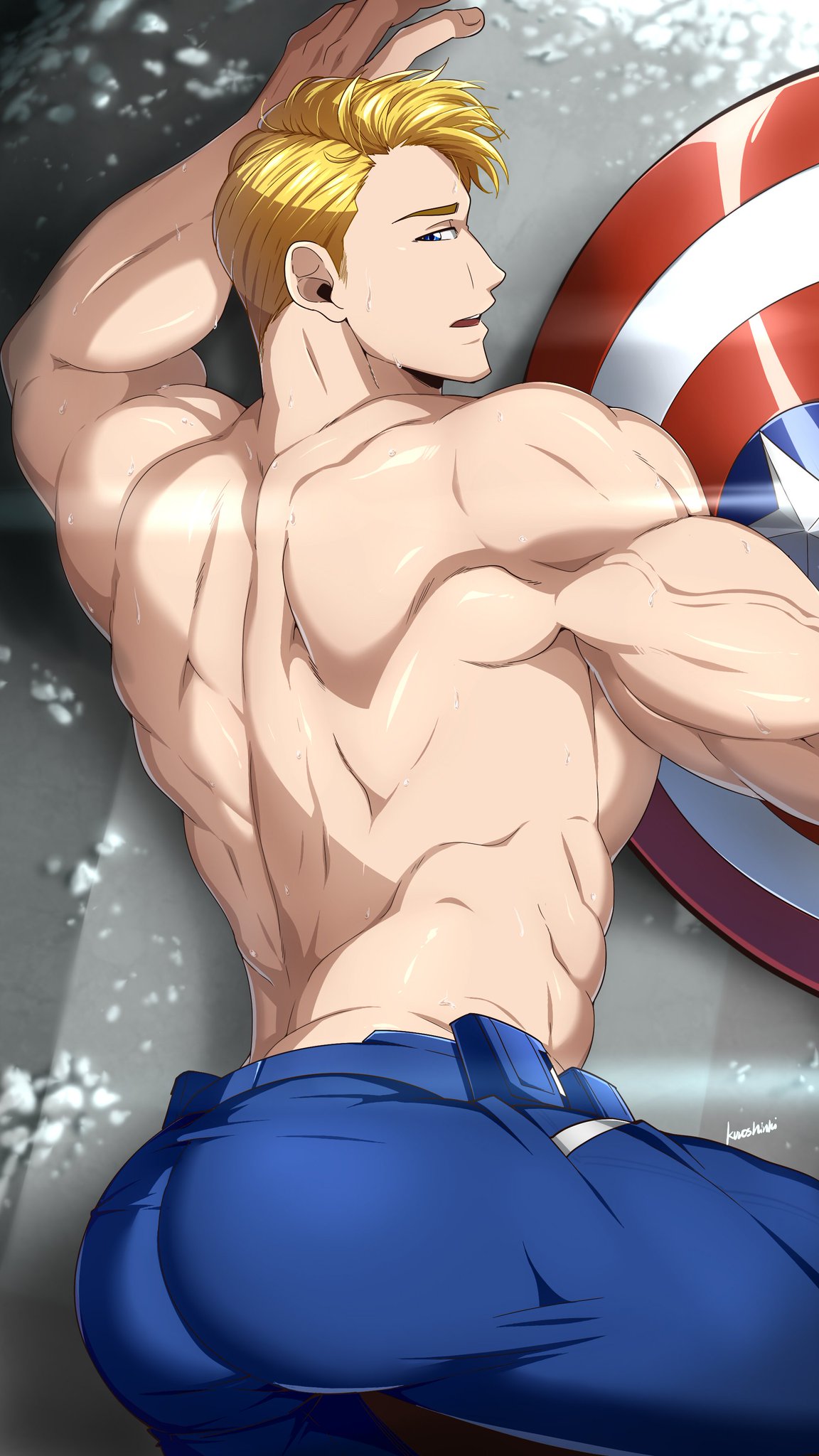 1boy, ass, back muscles, back view, blonde, blonde hair, blue eyes, bubble ass, bubble butt, captain america, clothed, clothing, human, human only, kuroshinki, light skin, light-skinned male, looking at viewer, male, male only, marvel, marvel comics, muscles, muscular, muscular male, pants only, presenting, presenting ass, presenting butt, shirtless, solo, solo focus, solo male, steve rogers, thick ass, vein, veins, veiny muscles