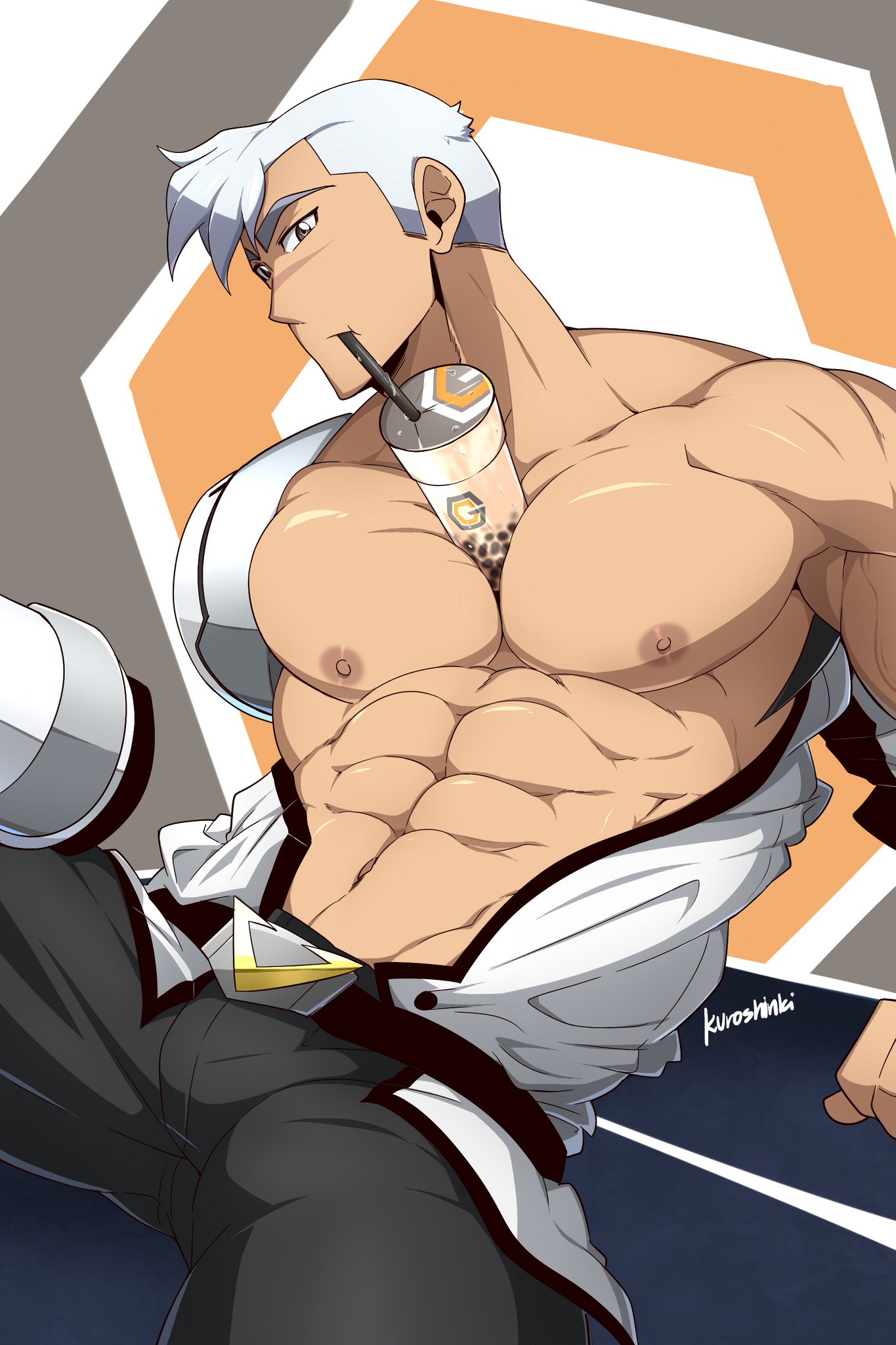 abs, bara, bubble tea challenge, grey eyes, kuroshinki, male, male focus, male only, muscles, open shirt, pecs, prosthetic, tagme, takashi shirogane, tan, veiny muscles, voltron, voltron: legendary defender, white hair, yaoi