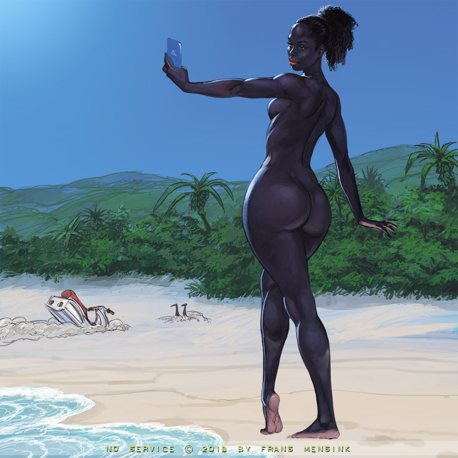 10s 1boy 1girls 2000s_and_2010s_style 2010s 2018 accident artist_name ass barefoot beach black_female black_hair black_skin blue_sky bottom_heavy breasts completely_nude_female dark-skinned_female dark_skin day desert_island feet flashing frans_mensink from_behind full_body humor jetski mountainous_horizon nude phone ponytail pose posing sand selfie sideboob small_breasts solo standing straight_hair thick_thighs three-quarter_view very_dark-skinned_female very_dark_skin wide_hips