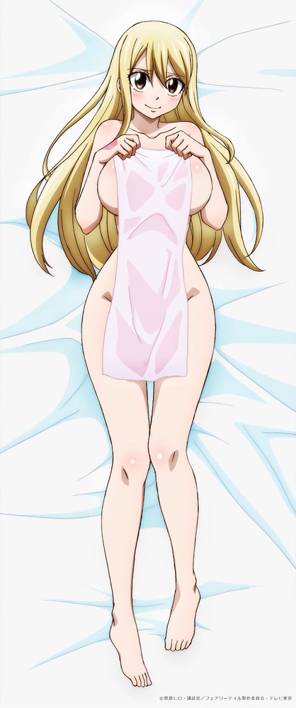1girls, accurate art style, blonde hair, blonde-haired female, blush, breasts, brown eyes, fairy tail, fairy tail mark, female, groin, hand tattoo, large breasts, long hair, looking at viewer, lucy heartfilia, naked, nude, official art, on back, on bed, pink tattoo, shy, smile, tattoo, tattoo on hand, tattooed hand, towel, towel only