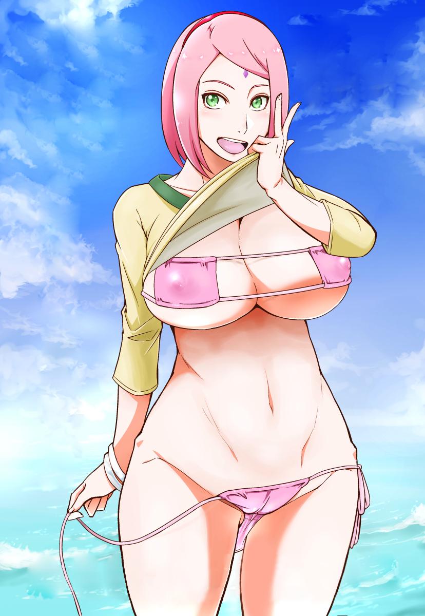 1girls, abs, alternate breast size, big breasts, bikini, boruto: naruto next generations, bracelet, breasts, cameltoe, cleavage, clothed, eyepatch bikini, female, female only, green eyes, hair, happy, huge breasts, large breasts, looking at viewer, milf, naruto, open mouth, outdoors, pink hair, pussy, sakura haruno, shiny, shiny skin, shirt lift, solo, source request, sunahara wataru, undressing
