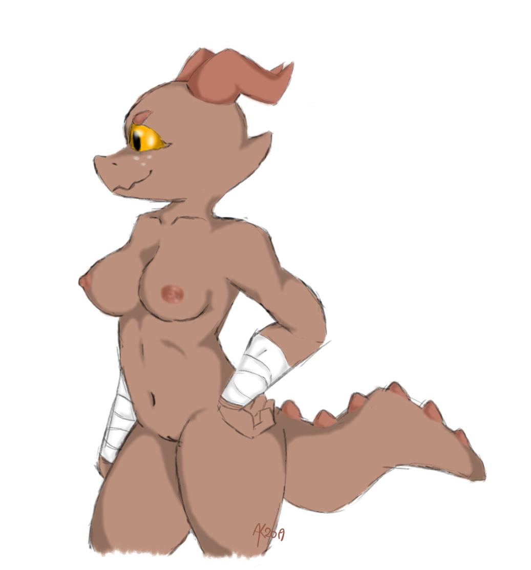 1girls akferal armwear breasts clothing female horn invalid_tag kobold nipples pussy reptile scalie solo srriz srriz_adventure