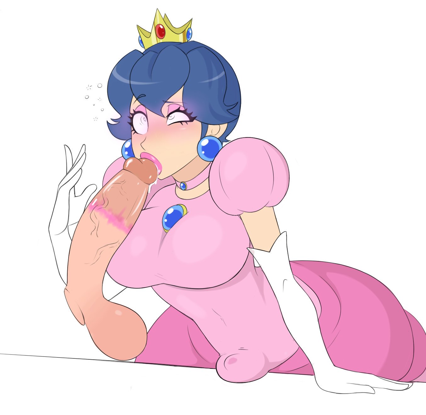 1boy, 1futa, ahe gao, balls, balls bulge, ballsack, big penis, bimbo, blowjob, blue hair, breasts, bulge, clothed, clothing, cosplay, crossover, crossplay, disembodied penis, erection, eyeshadow, fellatio, feminization, fire emblem, fire emblem: mystery of the emblem, fire emblem: shadow dragon and the blade of light, futanari, huge breasts, human, intersex, leaning forward, lipstick, lipstick on penis, lipstick ring, makeup, male, male only, mario (series), marth (fire emblem), mind control, moaning, naughty face, oral, oral sex, orgasm, partial male, penis, penis bulge, penis under dress, pink lipstick, princess peach (cosplay), rape, rough sex, scrotum, sealguy, seductive, simple background, standing, testicles, text, tight clothing, toony, veiny penis, white background