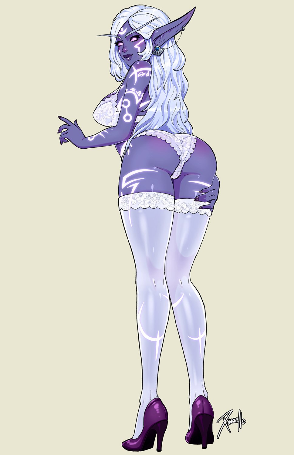 1girls 2019 ass big_ass bra clothing curvy elf female female_only high_heels lipstick nightborne panties pointy_ears purple_heels solo thighhighs video_games warcraft world_of_warcraft xinaelle