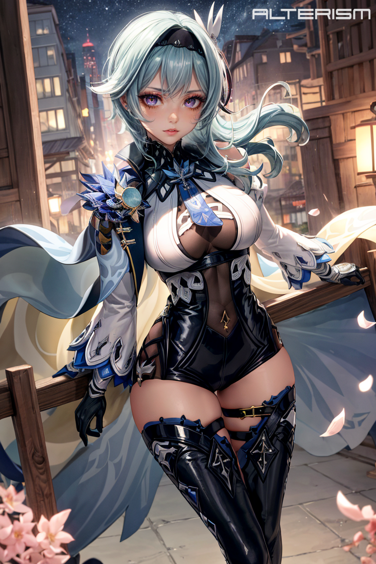 ai_generated alterism bangs black_hairband blue_hair blue_necktie boots cape city eula_(genshin_impact) female female_only genshin_impact gloves hair_ornament light_skin long_sleeves medium_breasts narrow_waist short_hair skindentation stable_diffusion standing thick_thighs thigh_boots thigh_strap thighhighs