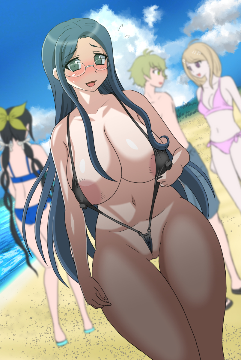1boy, akamatsu kaede, big breasts, blush, breasts, chabashira tenko, danganronpa, danganronpa v3, female, large breasts, male, nipples, rantaro amami, shirogane tsumugi, smile, straight, swimsuit, swimsuit pull, tagme, tai miso, thick thighs, thighs