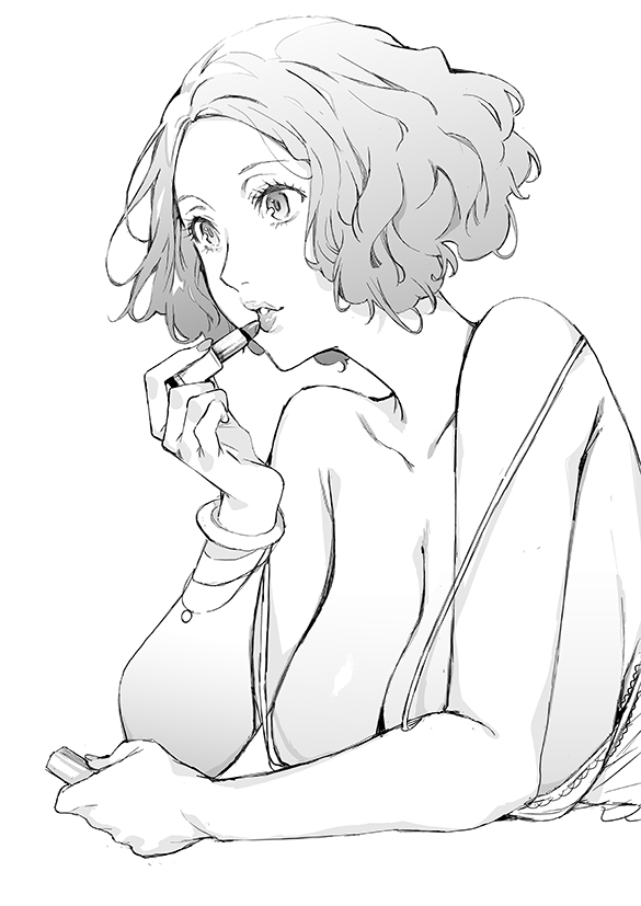 1girls, azukiko, big breasts, breasts, female, fluffy hair, haru okumura, lipstick, monochrome, persona, persona 5, short hair