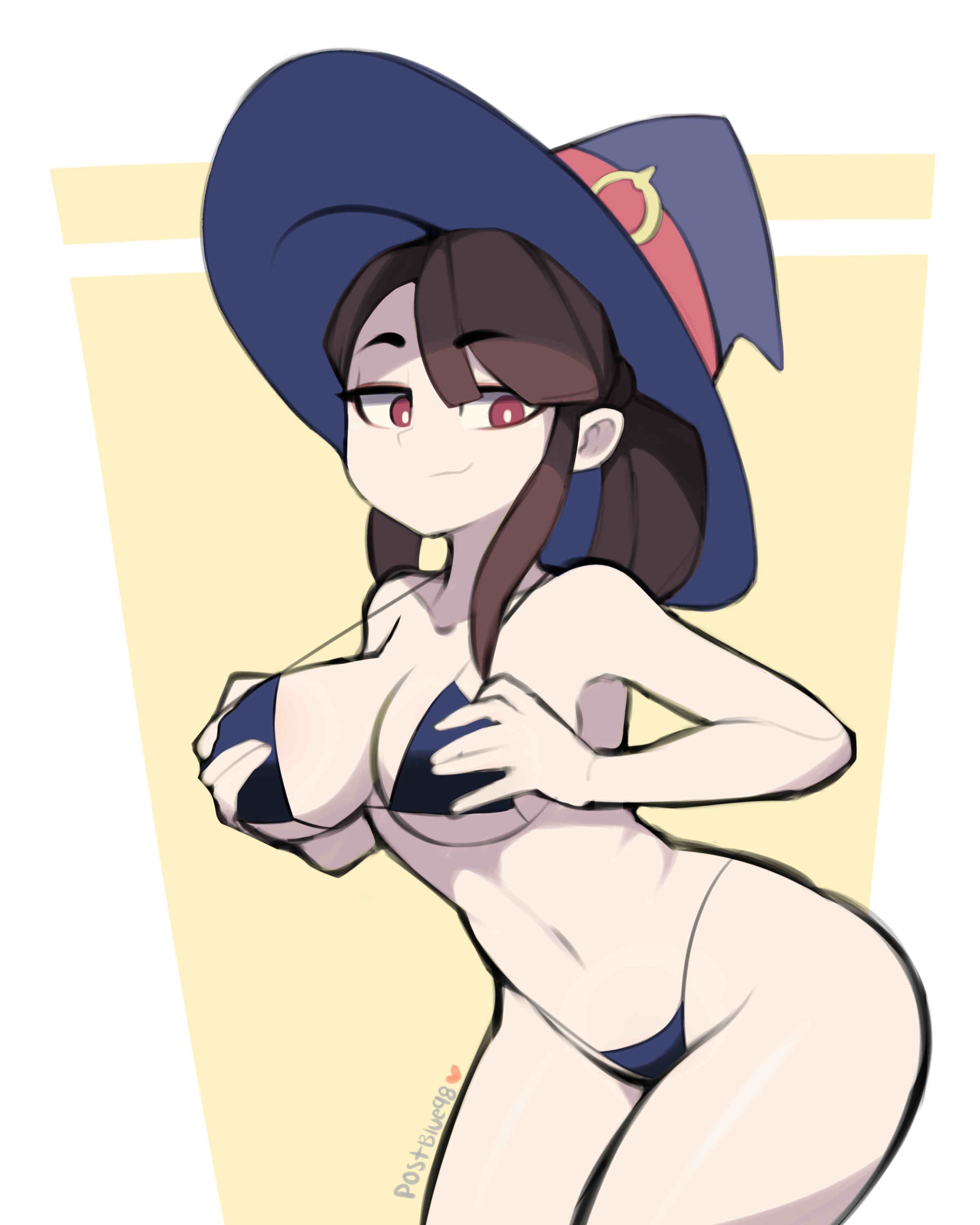 1girls, adapted costume, aged up, alternate ass size, alternate body type, alternate breast size, alternate costume, alternate hairstyle, atsuko kagari, bikini, breasts, brown hair, female, female only, grabbing own breast, huge breasts, little witch academia, looking away, older, ponytail, postblue98, red eyes, smile, smirk, smug, solo, solo female, solo focus, studio trigger, witch, witch hat