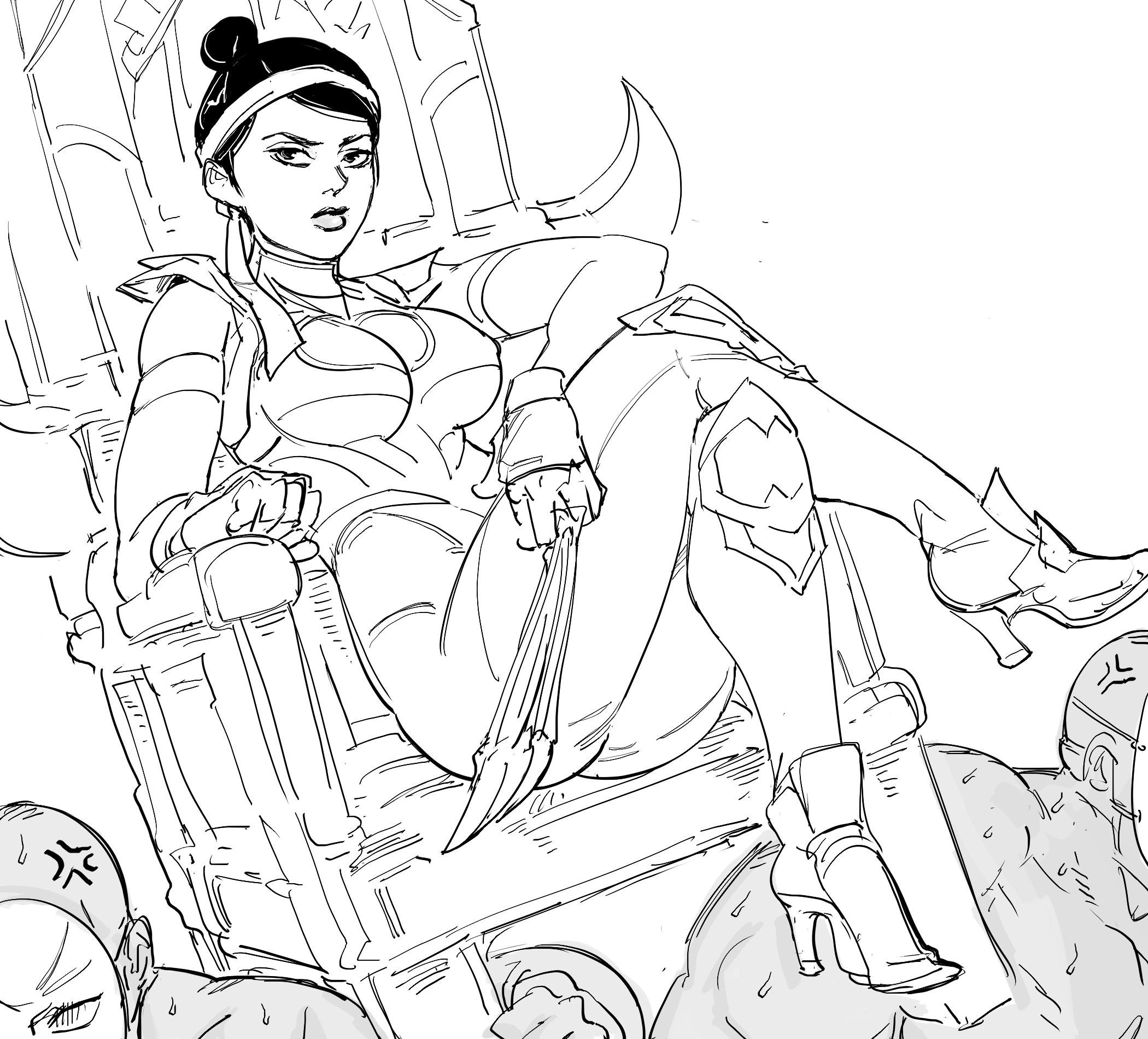 2d, arm sleeves, bb (baalbuddy), black hair, boots, breasts, busty, cleavage, fan, female, headband, high heels, kitana, male, monochrome, mortal kombat, mortal kombat 11, pose, posing, royalty, sitting, slave, tagme, tied hair, unseen male face