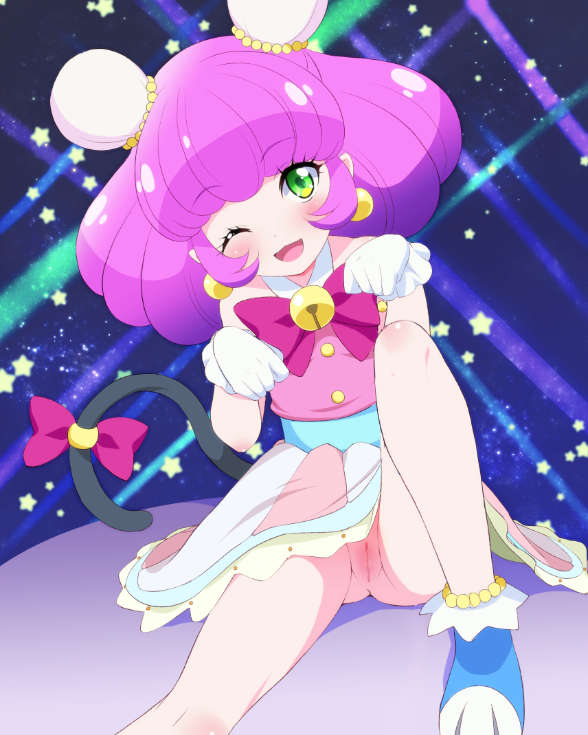 :3 ;d blue_footwear blush cat_tail censored chisato_(missing_park) clothing double_bun eyebrows_visible_through_hair female gloves green_eyes hair_bun innie_pussy looking_at_viewer mao_(precure) mosaic_censoring no_panties one_eye_closed open_mouth paw_pose pink_hair precure pretty_cure pussy short_hair skirt smile solo star star_twinkle_precure starry_background tail white_gloves yuni_(precure)