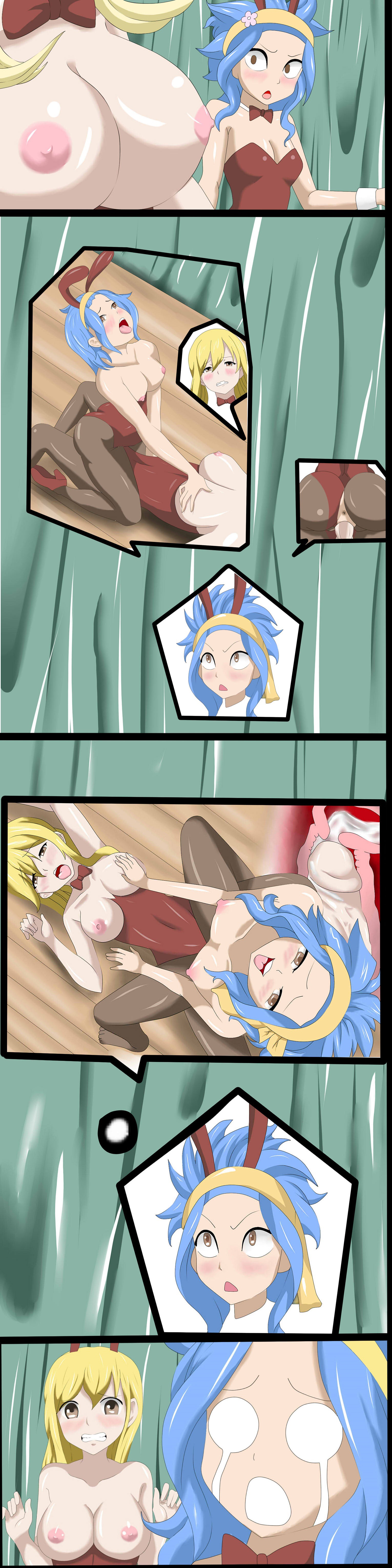blonde hair, blonde-haired female, blue hair, blue-haired female, breast grab, breasts, bunny ears, bunnysuit, cowgirl position, cum, cum inside, darkvolo, fairy tail, female, futa on female, futanari, intersex, levy mcgarden, lucy heartfilia, oppai, small breasts, thought bubble, yuri