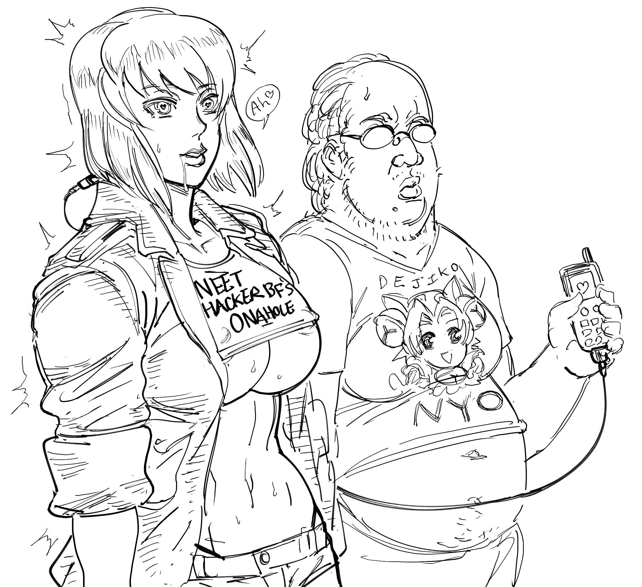 1boy, 1girls, bb (baalbuddy), big breasts, breasts, busty, crop top, cyborg, cyborg girl, degrading accessory, fat male, female, female protagonist, ghost in the shell, ghost in the shell stand alone complex, hacking, hypnosis, intelligence loss, jacket, kusanagi motoko, male, mind control, monochrome, navel, neckbeard, robot girl, sex slave, sexbot, short hair, simple background, sleeves rolled up, tagme, tech control, ugly bastard, underboob, white background