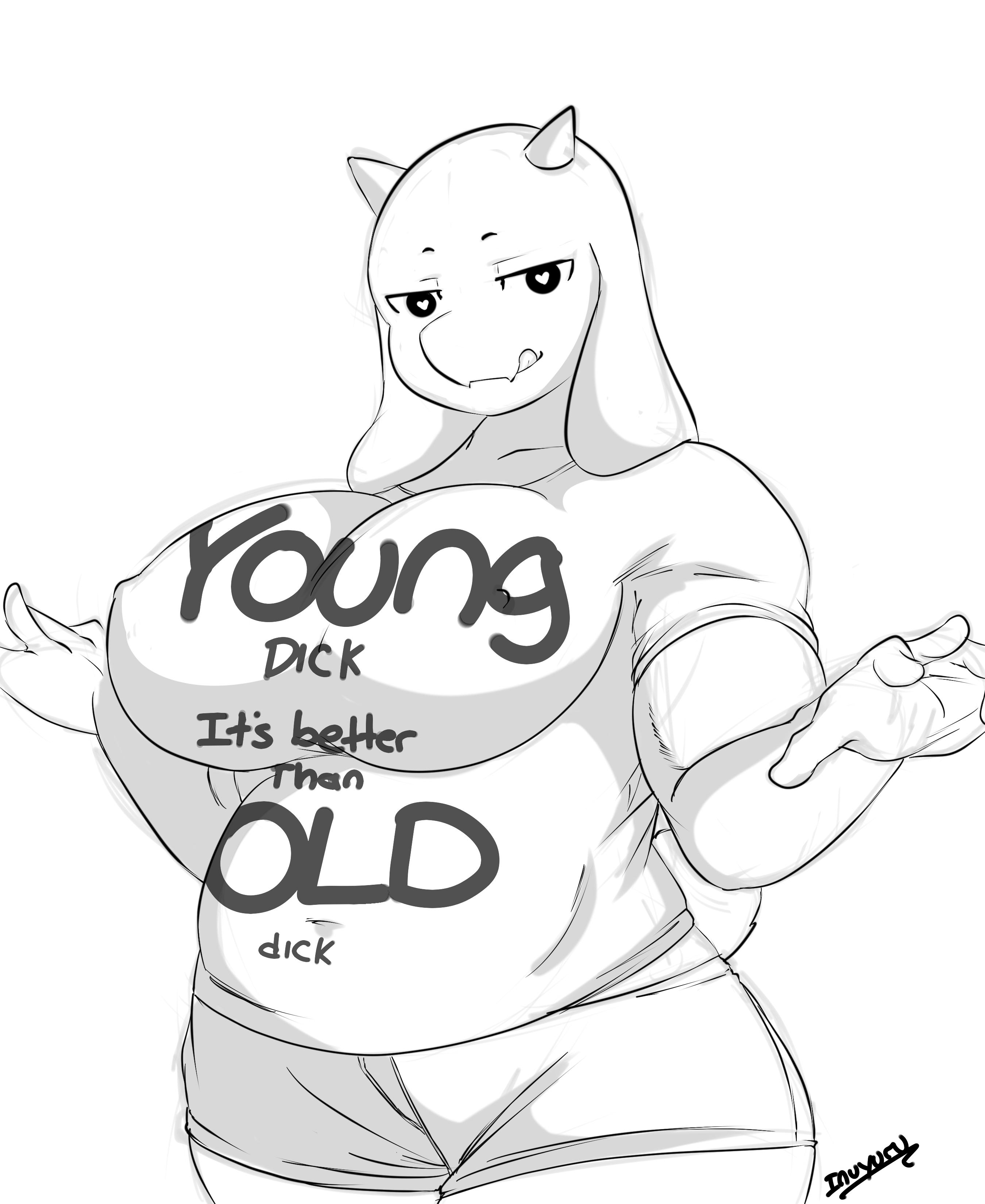 :p, 1girls, 2d, anthro, anthro female, anthro only, big breasts, breasts, caprine, clothes writing, cougar, english text, female, female only, furry, furry female, furry only, goat, heart eyes, heart-shaped pupils, horns, inuyuru, licking lips, looking at viewer, meme, milf, monochrome, nipple bulge, no humans, shorts, slightly chubby, solo, standing, tagme, text, toriel, undertale, undertale (series), white fur