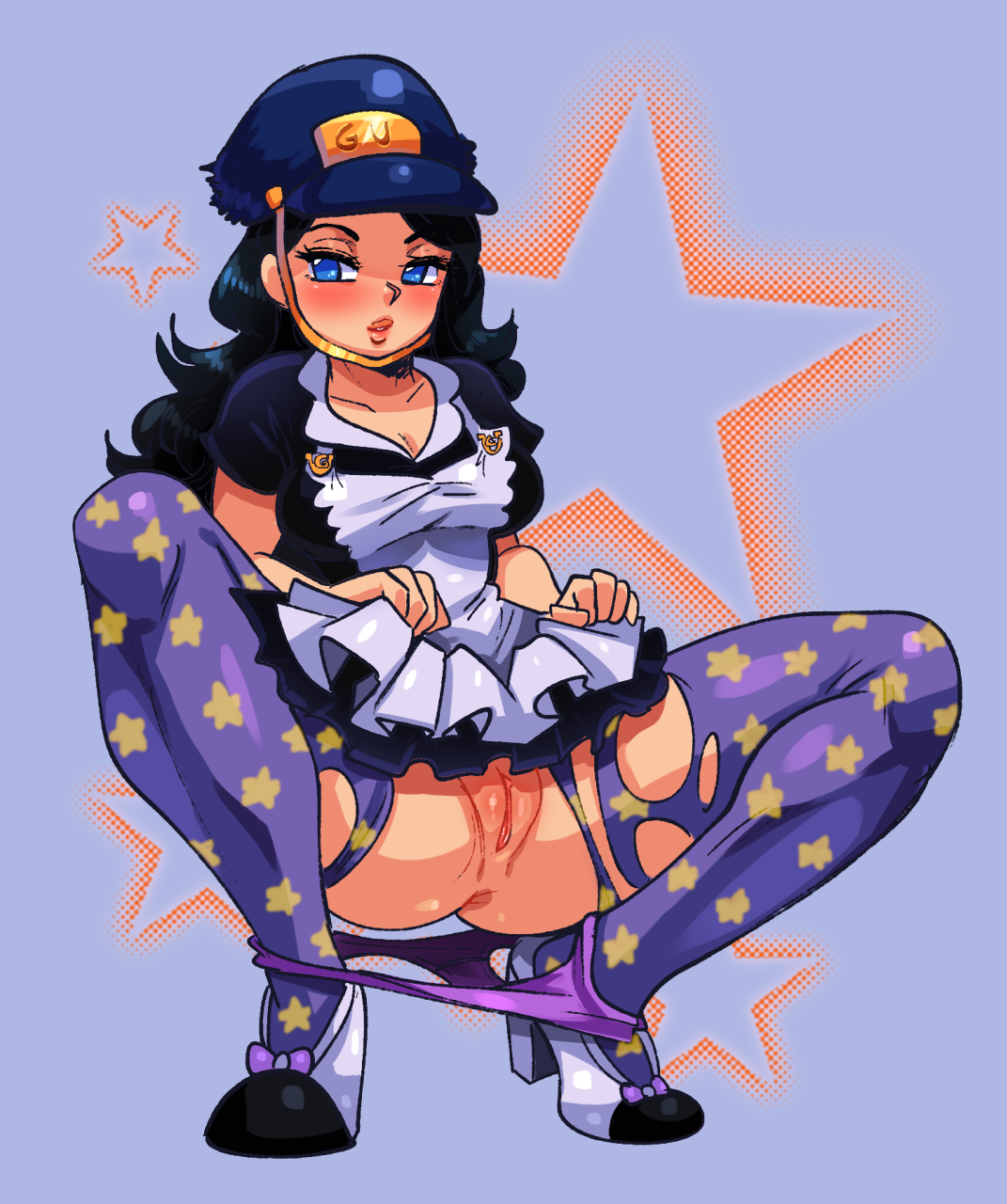 1girls, anus, apron, apron lift, black dress, black hair, blue background, blue eyes, blue hat, blush, blushing, bottomless, breasts, clothing, drcockula, dress, dress lift, eyelashes, female, female only, hat, high heels, highres, human, jojo's bizarre adventure, jojolion, kei nijimura, lifted by self, light skin, light-skinned female, lips, long hair, looking away, looking to the side, maid, maid apron, maid dress, maid outfit, maid uniform, medium breasts, panties, panties around legs, panties down, pantyhose, partially clothed, presenting, presenting pussy, purple panties, purple underwear, pussy, ripped clothes, ripped clothing, ripped pantyhose, sexually suggestive, shiny clothes, shiny hair, shiny skin, shounen jump, solo, squatting, star print, stars, text, torn clothes, torn clothing, torn pantyhose, underwear, underwear around legs, underwear down, vagina