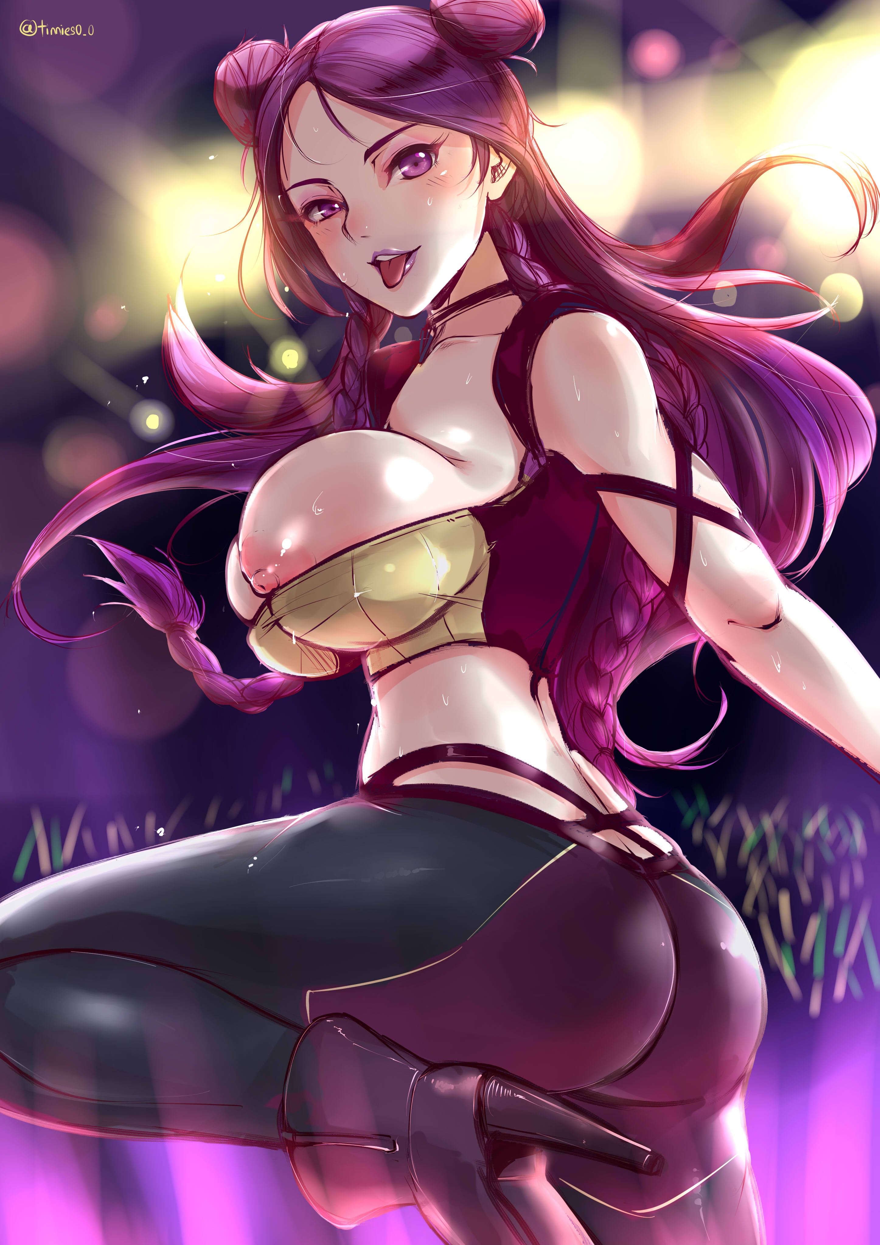 1girls, accidental exposure, alternate costume, areolae, ass, big breasts, breasts, bursting breasts, female, female only, k/da kai'sa, k/da series, kai'sa, large breasts, league of legends, looking at viewer, nipples, solo, tagme, thick thighs, tight clothing, tinnies
