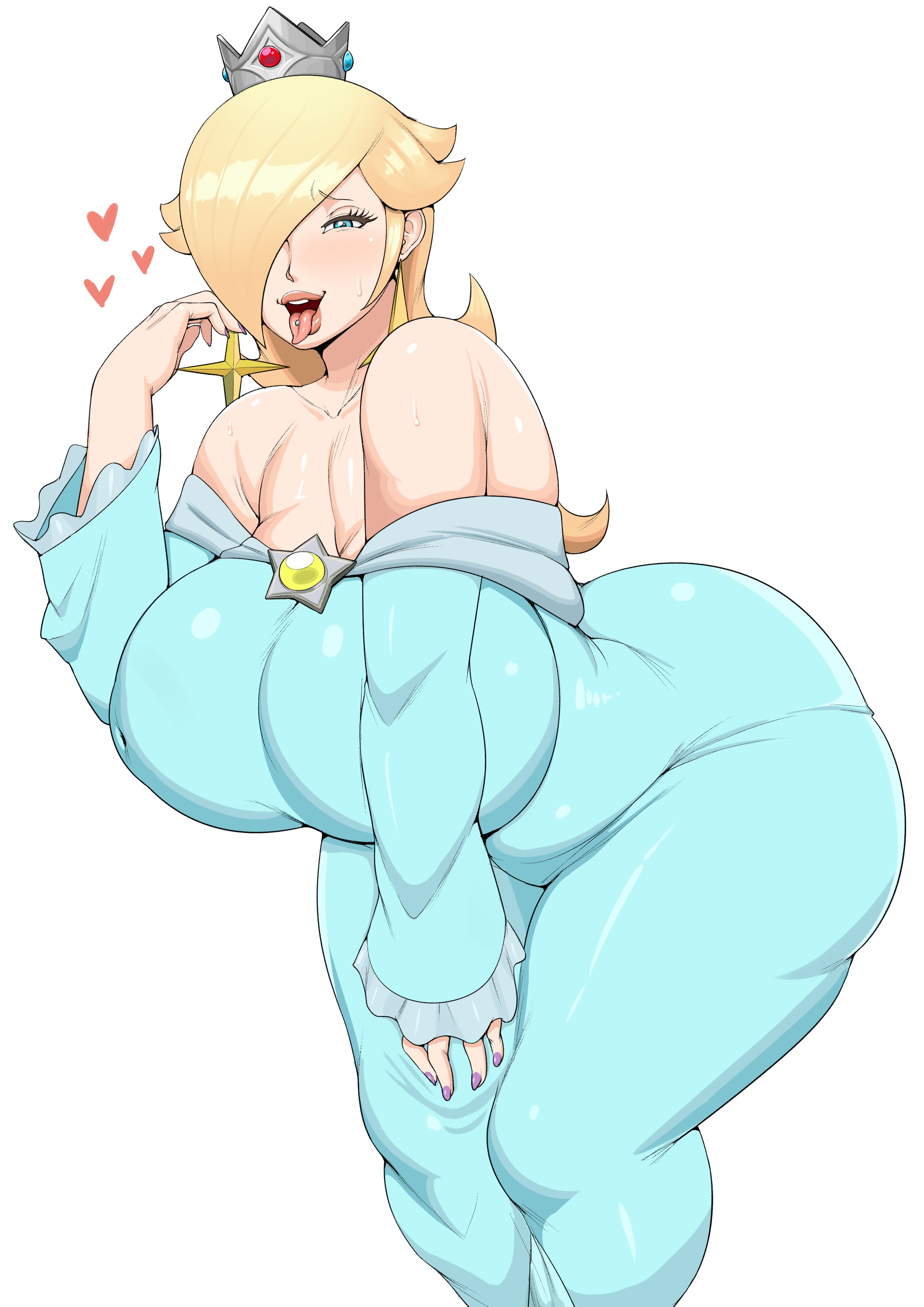 <3, 1girls, alternate ass size, alternate body type, alternate breast size, aroused, ass, ass in dress, bare shoulders, bbw, bedroom eyes, bent over, big ass, big breasts, big butt, bimbo, blonde, blonde hair, blue dress, blue eyes, blush, blushing, breasts, breasts bigger than head, bubble ass, bubble butt, busty, chubby, clothed, clothing, collarbone, crown, curvy, dress, earrings, eyelashes, fat ass, fat butt, female, female only, fingernails, fully clothed, grey impact, hair over eye, hair over one eye, half-closed eyes, highres, horny, huge ass, huge breasts, huge butt, inverted nipples, large ass, large breasts, large butt, lips, lipstick, long hair, long sleeves, looking at viewer, mario (series), mature female, milf, nail polish, naughty face, nintendo, one eye covered, open mouth, pierced tongue, piercing, plump, plump ass, princess rosalina, purple nail polish, purple nails, seductive, seductive smile, sexually suggestive, shiny clothes, shiny hair, shiny skin, smile, smiling, solo, standing, super mario galaxy, sweat, sweatdrop, sweating, teeth, thick ass, thick thighs, tight clothing, tongue, tongue out, video game, video games, voluptuous, white background, wide hips