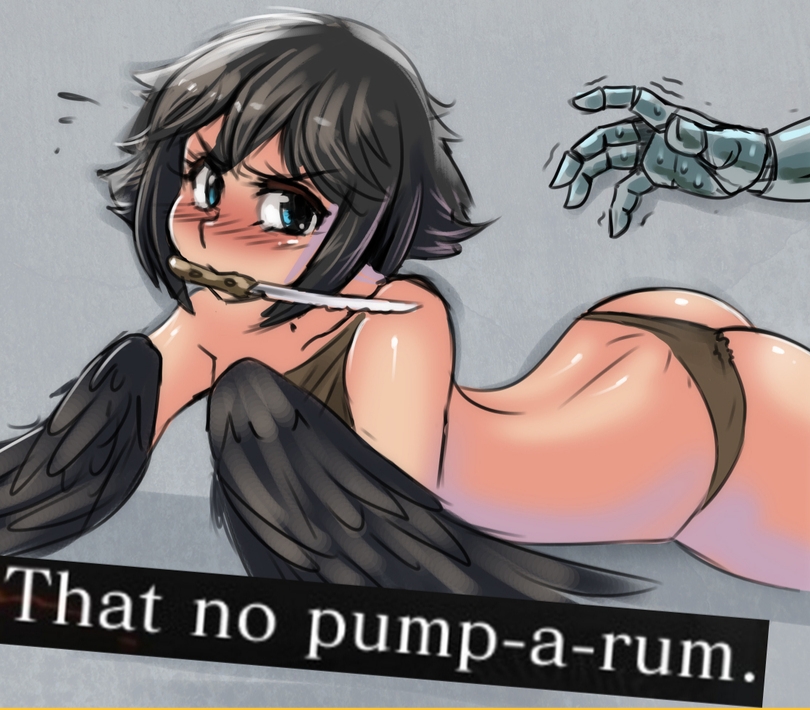 angry ass black_feathers black_hair black_wings blush curvy dagger dark_souls dark_souls_3 fromsoftware harpy loincloth looking_at_viewer lying_on_stomach metintbg offscreen_character pickle_pee pumparum round_ass shaking_hand underwear unhappy