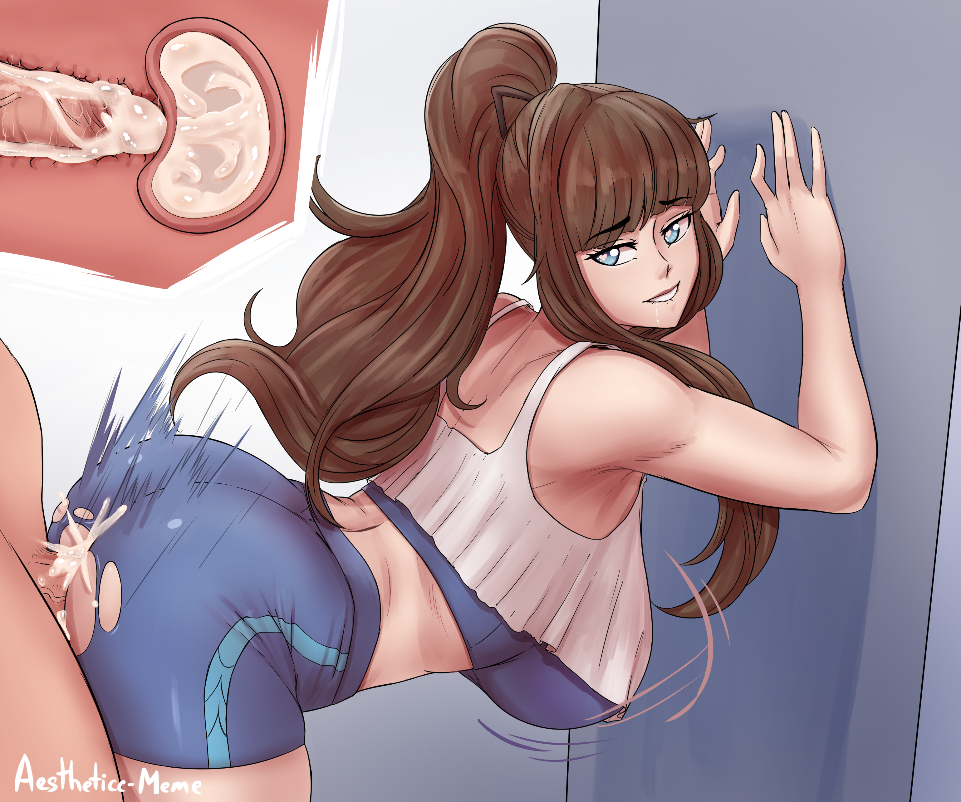 1boy, 1girls, absurdres, aestheticc-meme, against wall, big breasts, biting lip, breasts, cleavage, cum, cum in pussy, cum inside, drooling, erection, female, highres, large breasts, male, penetration, penis, pussy, sex, straight, titanius (character), vaginal penetration, x-ray