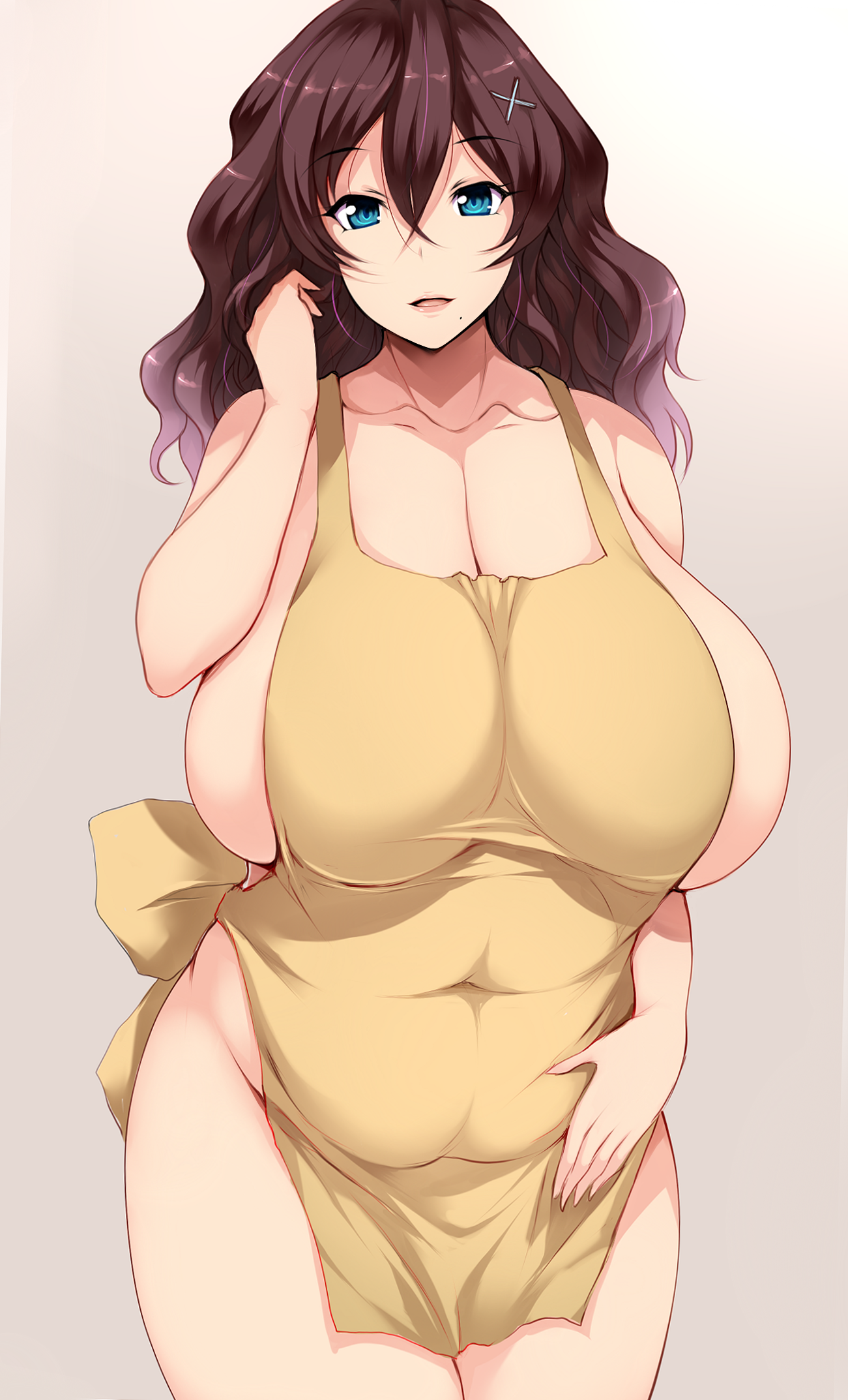 apron, blue eyes, breasts, breasts bigger than head, brown hair, curvaceous, curvy, female, female only, gegege no kitarou, hadaka apron, huge breasts, human, inuyama junko, large breasts, long hair, looking at viewer, mature, mature female, milf, naked apron, plump, standing, thick thighs, tsukasawa takamatsu, voluptuous