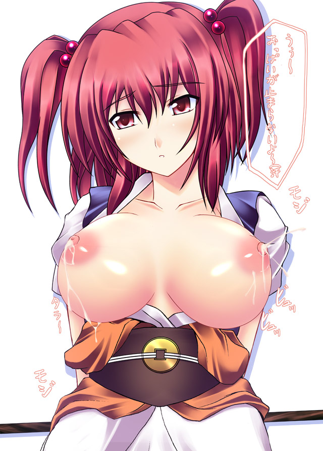 1girls breasts breasts_apart female komachi_onozuka kuronezume kuronezumi lactation large_breasts nipples open_clothes open_shirt red_eyes red_hair shirt short_hair solo text tied_hair touhou translated twintails