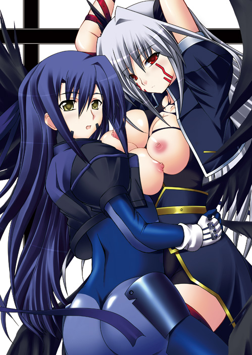 black_wings breast_press breasts facial_mark female ginga_nakajima gloves kuronezumi large_breasts long_hair lyrical_nanoha mahou_shoujo_lyrical_nanoha mahou_shoujo_lyrical_nanoha_a's mahou_shoujo_lyrical_nanoha_strikers multi_wing multiple_girls nipples open_clothes open_shirt purple_hair red_eyes reinforce shirt silver_hair symmetrical_docking thighhighs time_paradox torn_clothes wings yellow_eyes yuri