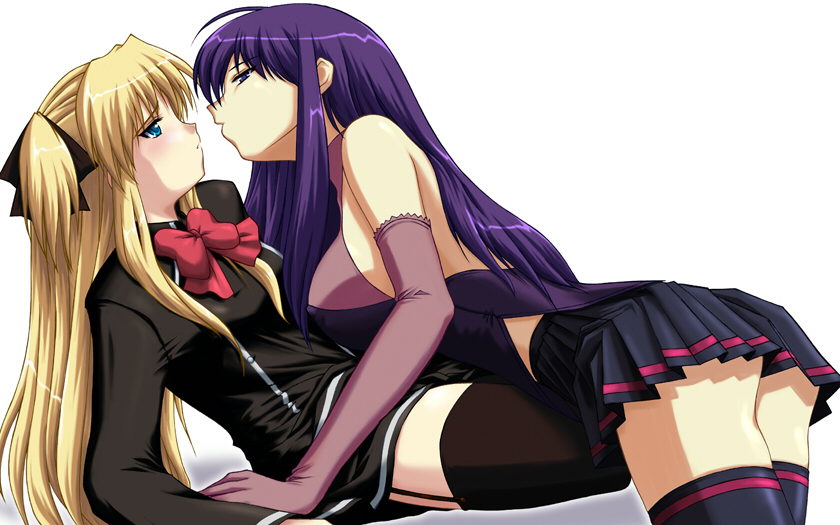 ass blonde_hair blue_eyes blush elbow_gloves erect_nipples female garter_belt gloves hair_ribbon hair_ribbons long_hair malariya multiple_girls purple_hair quiz_magic_academy rabisuke ribbon ribbons shalon thighhighs yuri