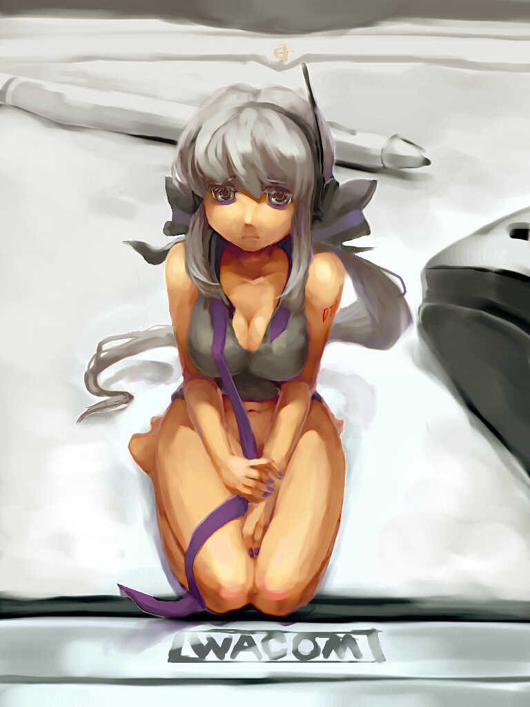 1girls bottomless breasts cleavage female grey_hair minigirl poth ribbon silver_hair solo stylus tablet vocaloid voyakiloid wacom yowane_haku