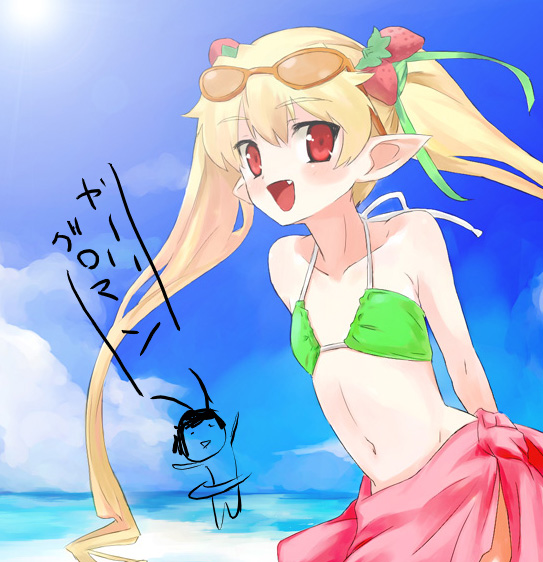 beach bikini blonde_hair cute_fang eyewear_on_head pachira petite pointy_ears red_eyes renkin_san-kyuu_magical_pokaan ribbon ribbons sarong sky solo sunglasses sunglasses_on_head swimsuit tied_hair twintails uma