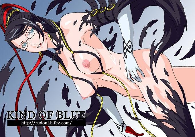 1girls bayonetta bayonetta_(character) black_hair blue_eyes breasts elbow_gloves female female_only glasses gloves long_hair nipples rudoni sega solo