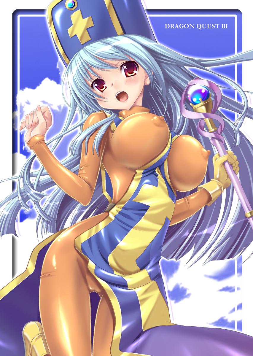 blue_hair bodysuit breasts breasts_out cameltoe clothing cloud dragon_quest dragon_quest_iii erect_nipples erect_nipples_under_clothes gloves hat highres large_breasts latex latex_gloves long_hair mitre priest priest_(dq3) red_eyes shiny shiny_clothes skin_tight tabard