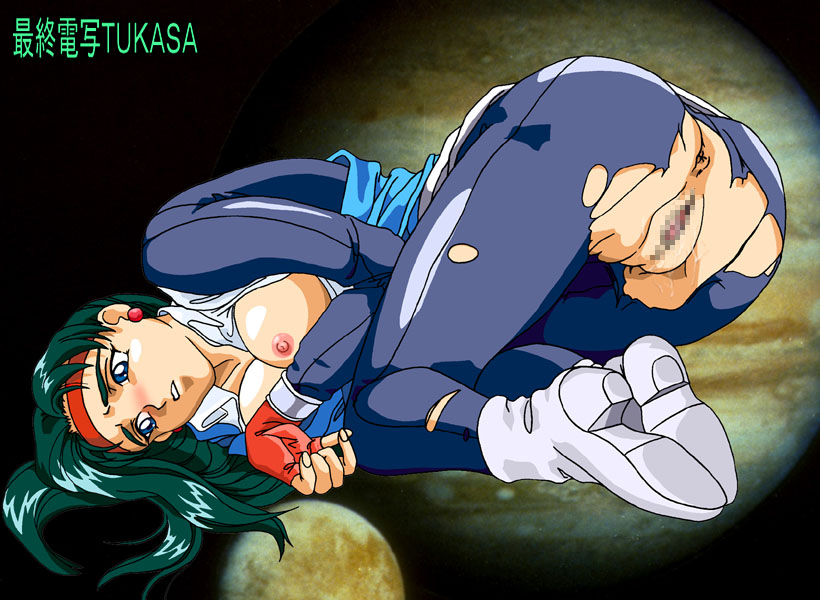 1girls anus ass blue_eyes breasts censored earrings female female_only galaxy_police green_hair headband kiyone_makibi long_hair pussy solo tagme tenchi_muyo! tukasa uniform vagina