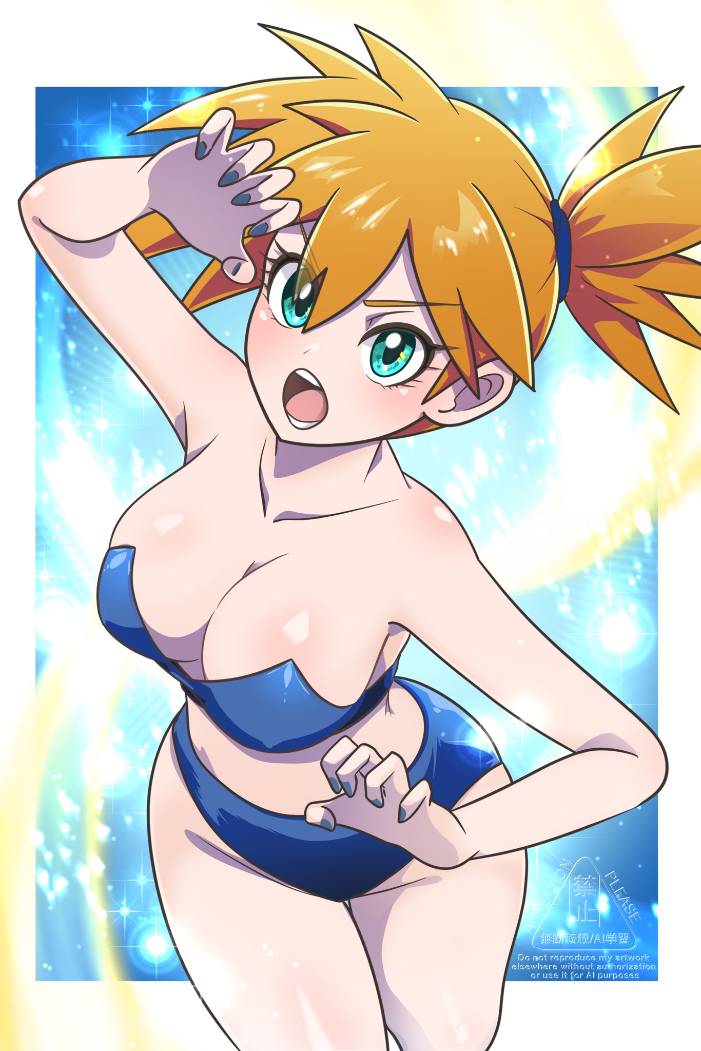 asymmetrical_hair bare_arms bare_shoulders big_breasts bikini blue_bikini blue_eyes blush breasts cleavage collarbone creatures_(company) eyelashes female female_focus game_freak green_eyes gyakutenndokei2 gym_leader hair_between_eyes highres human jpeg kasumi_(pokemon) large_breasts looking_at_viewer nail_polish navel nintendo one-piece_swimsuit open_mouth orange_hair pokemon pokemon_(anime) pokemon_(classic_anime) pokemon_rgby ponytail shiny_skin short_hair side_ponytail smile solo sparkle standing strapless strapless_bikini strapless_one-piece_swimsuit swimsuit teeth thighs tongue